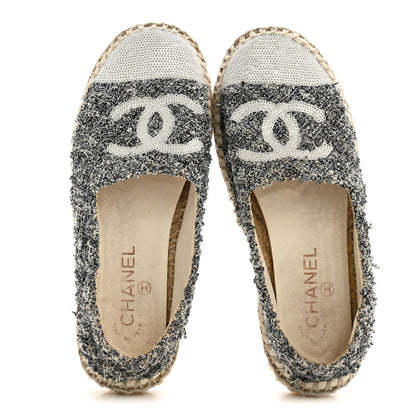 Chanel Tweed Sequin CC Espadrilles 37 Black White 2 of 10