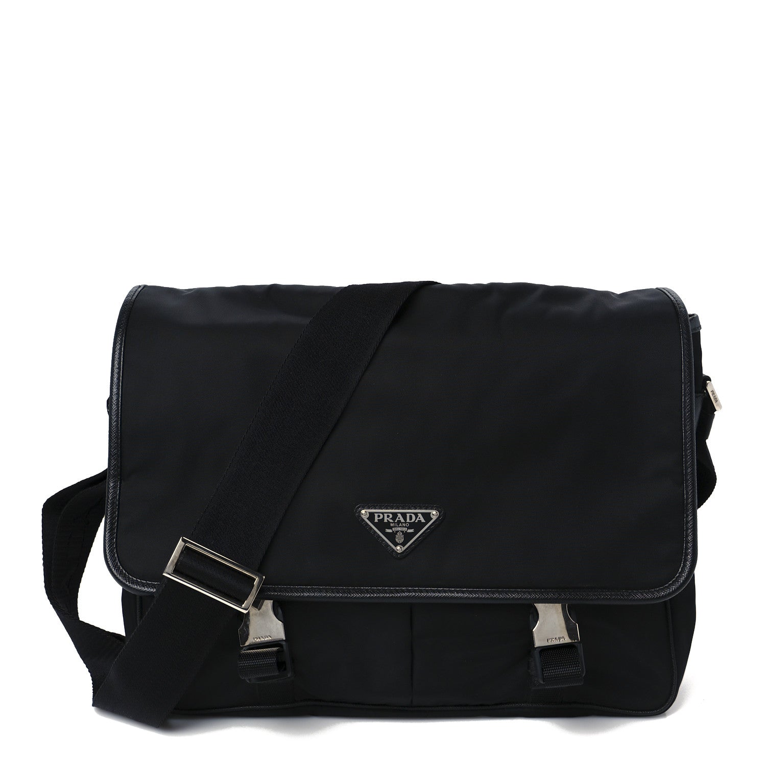 Prada Tessuto Nylon Saffiano Large Double Snap Buckle Messenger Bag Black 1 of 10
