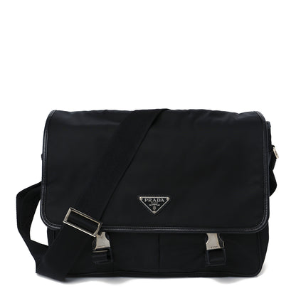 Prada Tessuto Nylon Saffiano Large Double Snap Buckle Messenger Bag Black 1 of 10
