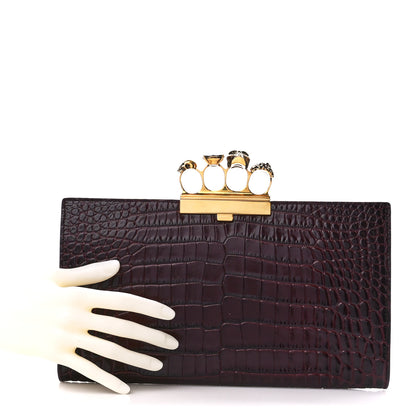 Alexander McQueen Calfskin Crocodile Embossed Knuckle Flat Clutch Burgundy 2 of 11