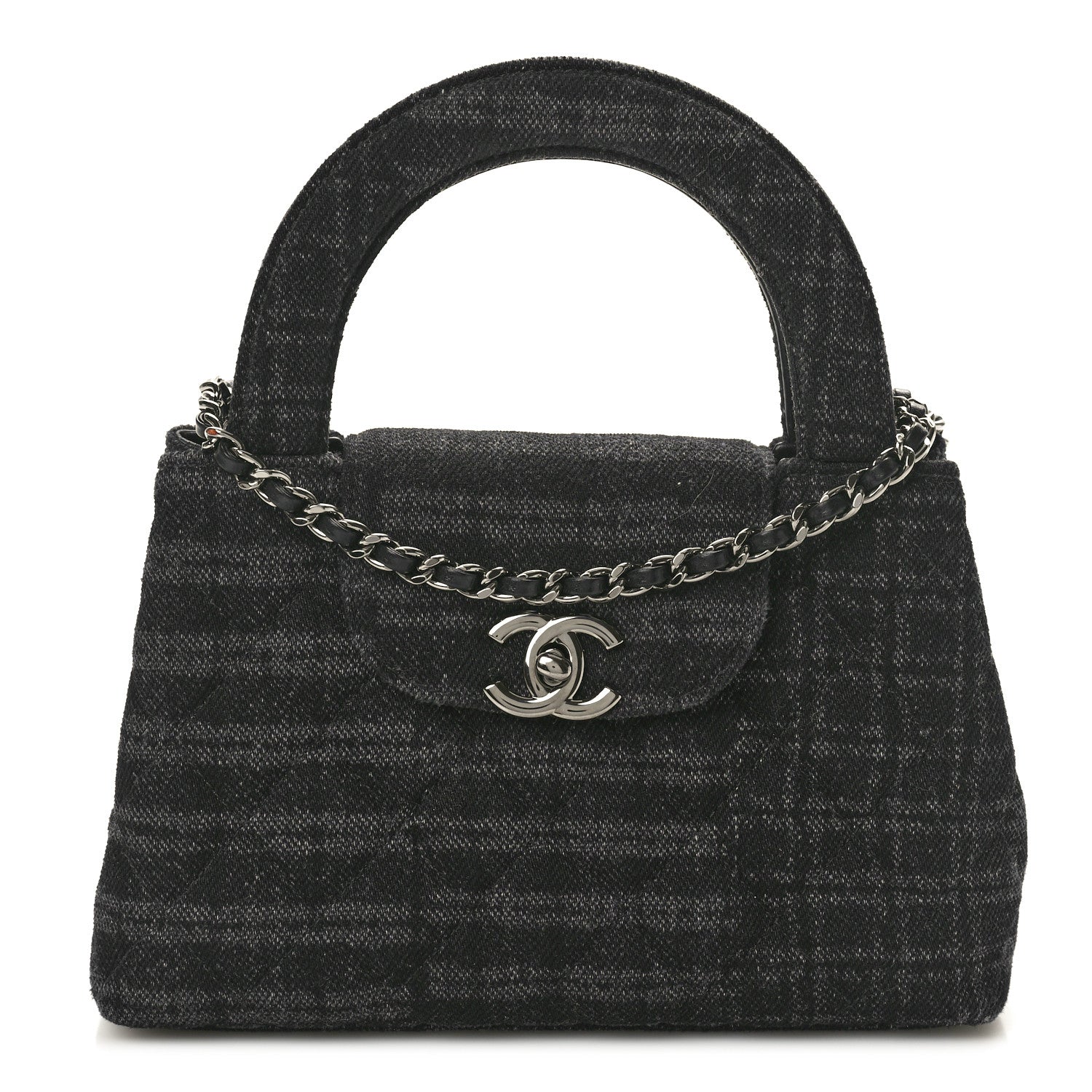 Chanel Printed Denim Quilted Nano Kelly Shopper Black Grey 1 of 10