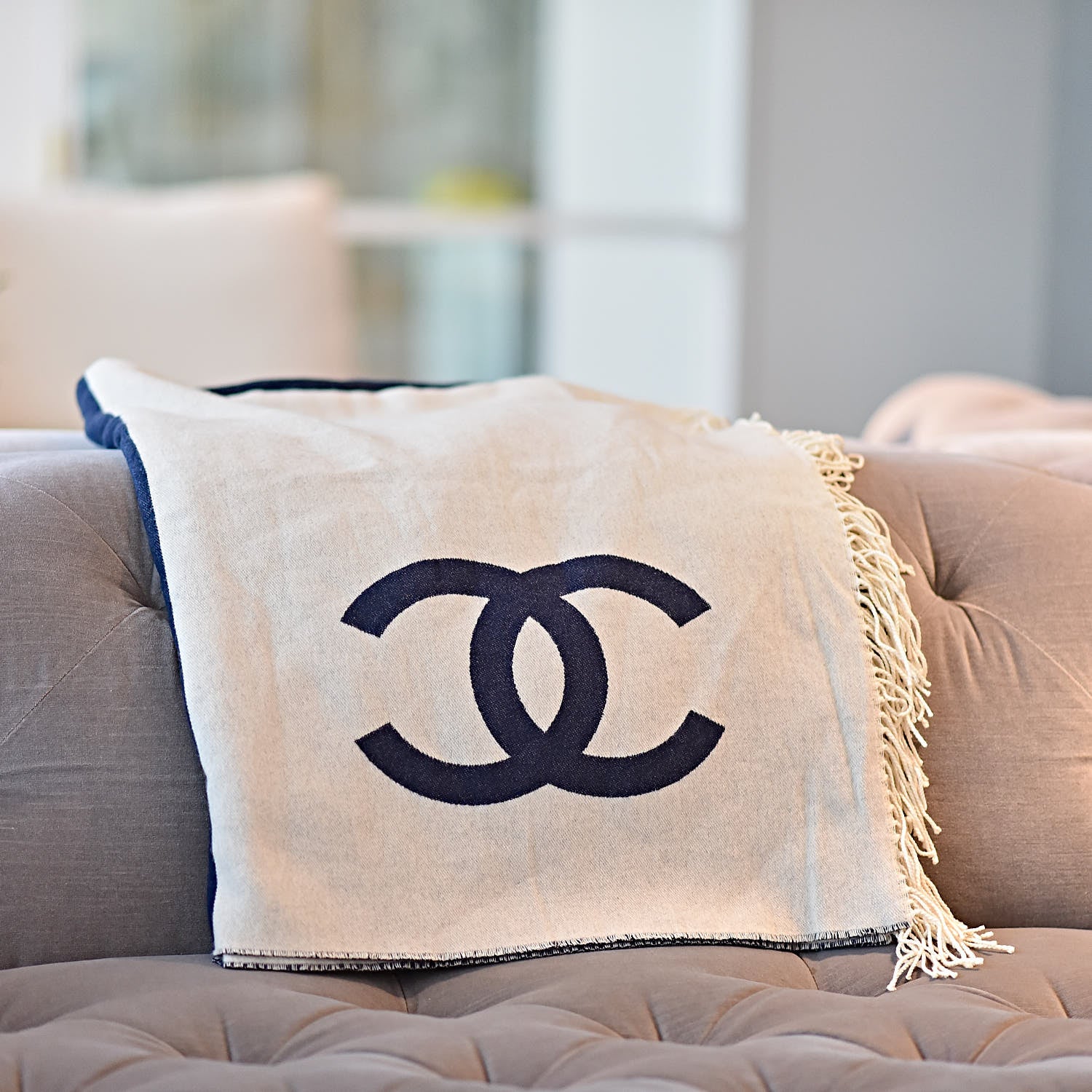 Chanel Merino Wool Cashmere CC Throw Blanket Navy White 2 of 4