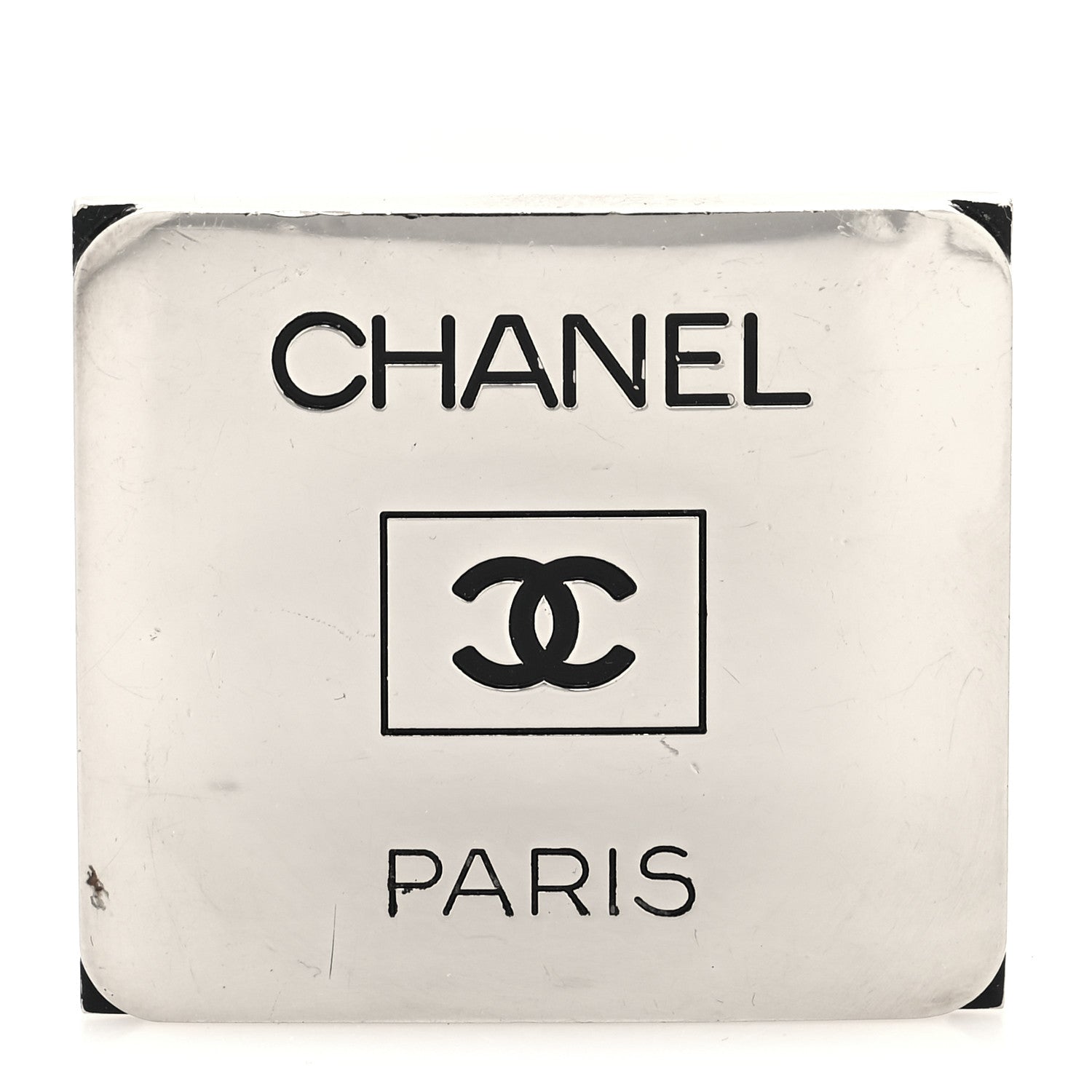 Chanel Metal Logo Plate Brooch Silver 1 of 3