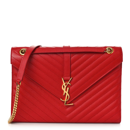 Saint Laurent Grain De Poudre Matelasse Chevron Large Monogram Satchel Lipstick Red 1 of 9
