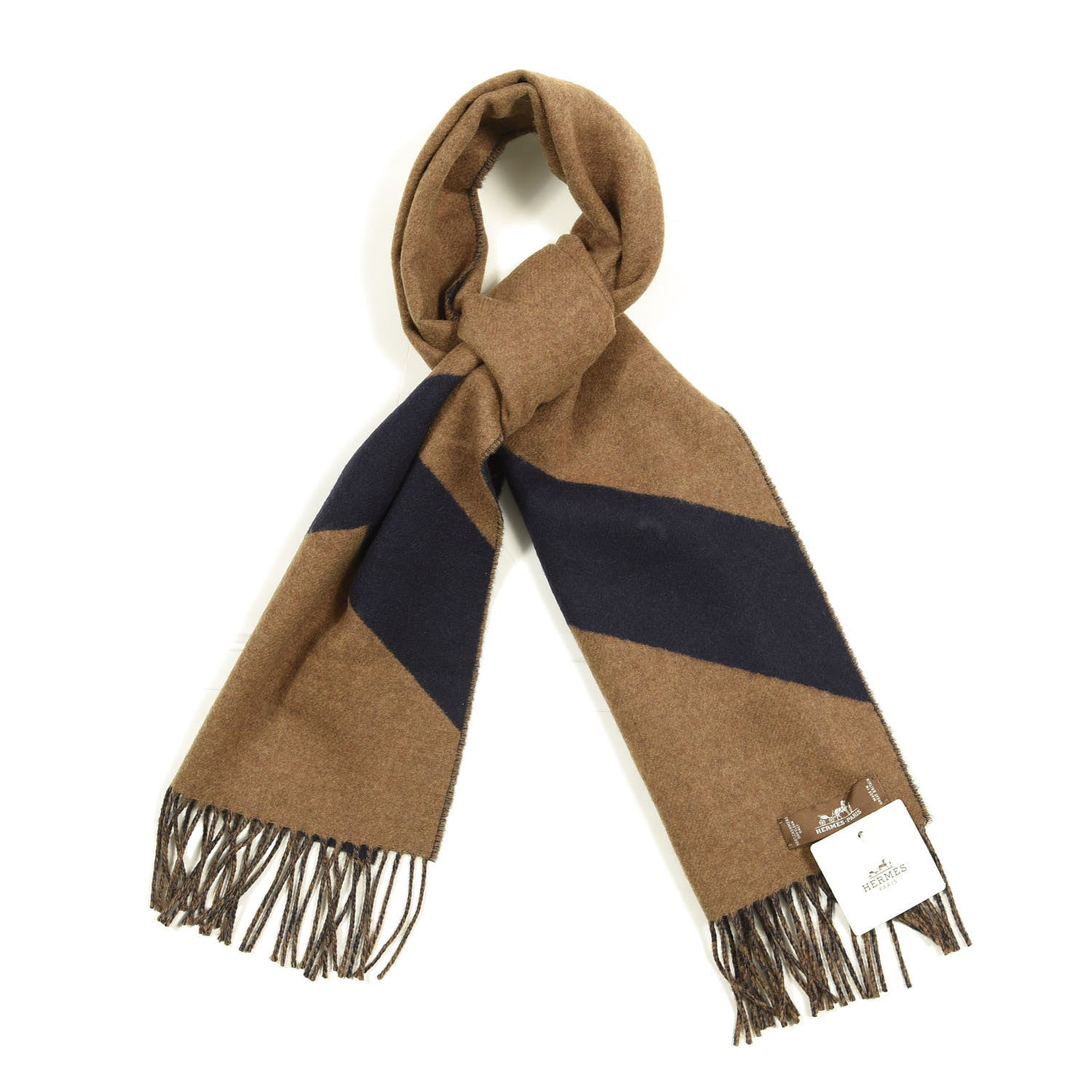 Hermes Cashmere Casaque Chevron Muffler Camel Marine 1 of 4