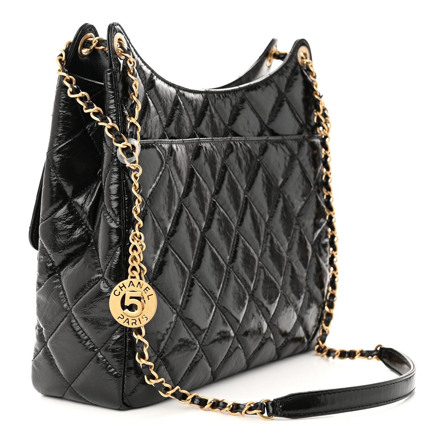 Shiny Crumpled Calfskin Quilted Large Wavy CC Hobo Black