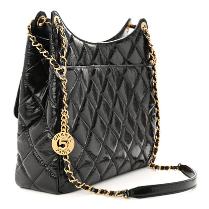 Chanel Shiny Crumpled Calfskin Quilted Large Wavy CC Hobo Black 3 of 10