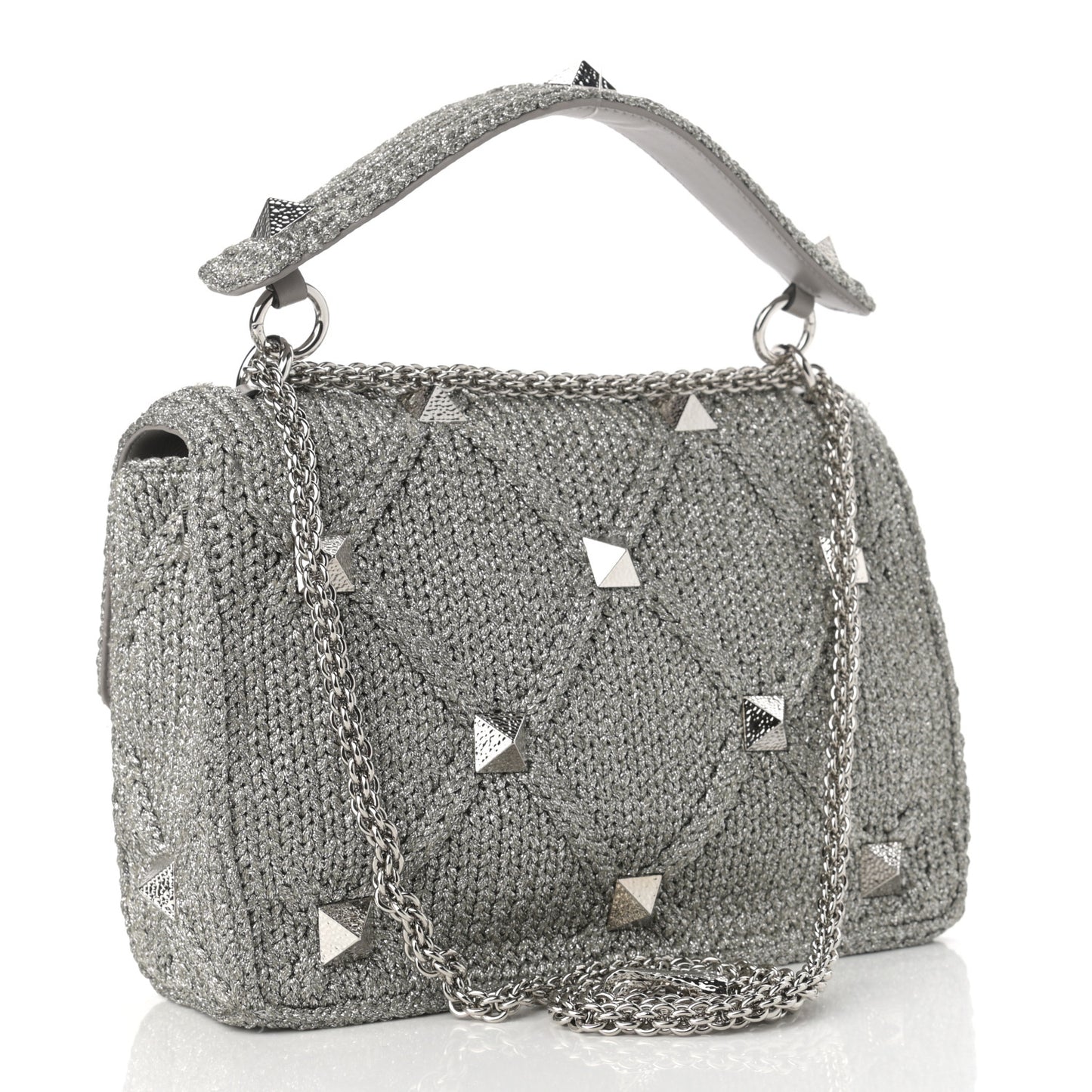 Metallic Lurex Knit Large Roman Stud Shoulder Bag Silver