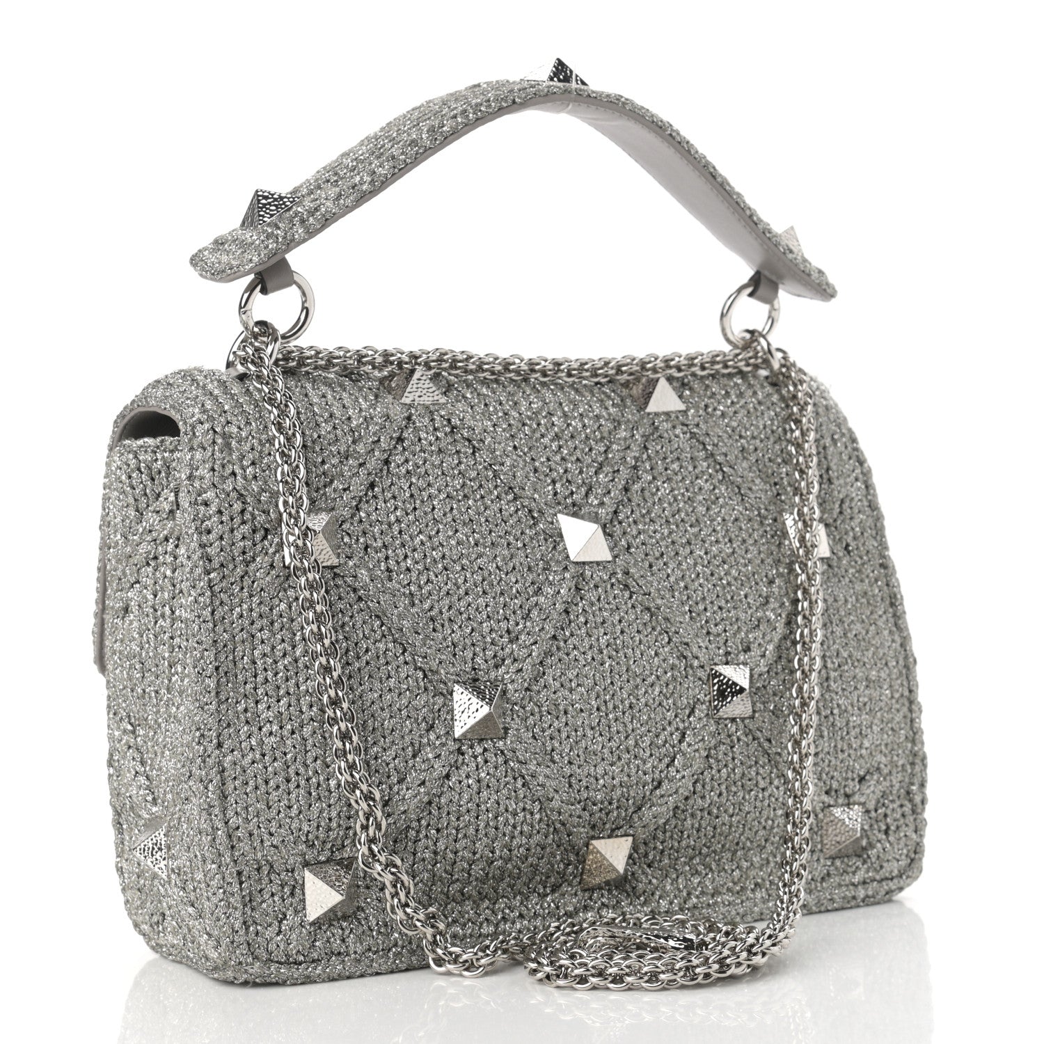 Valentino Garavani Metallic Lurex Knit Large Roman Stud Shoulder Bag Silver 3 of 12