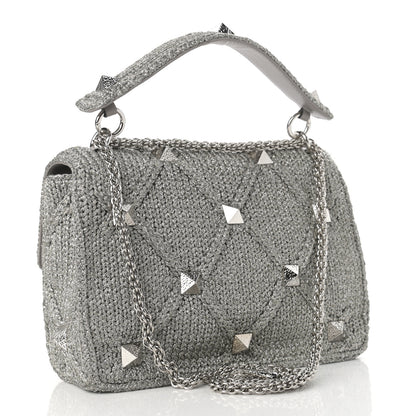 Valentino Garavani Metallic Lurex Knit Large Roman Stud Shoulder Bag Silver 3 of 12