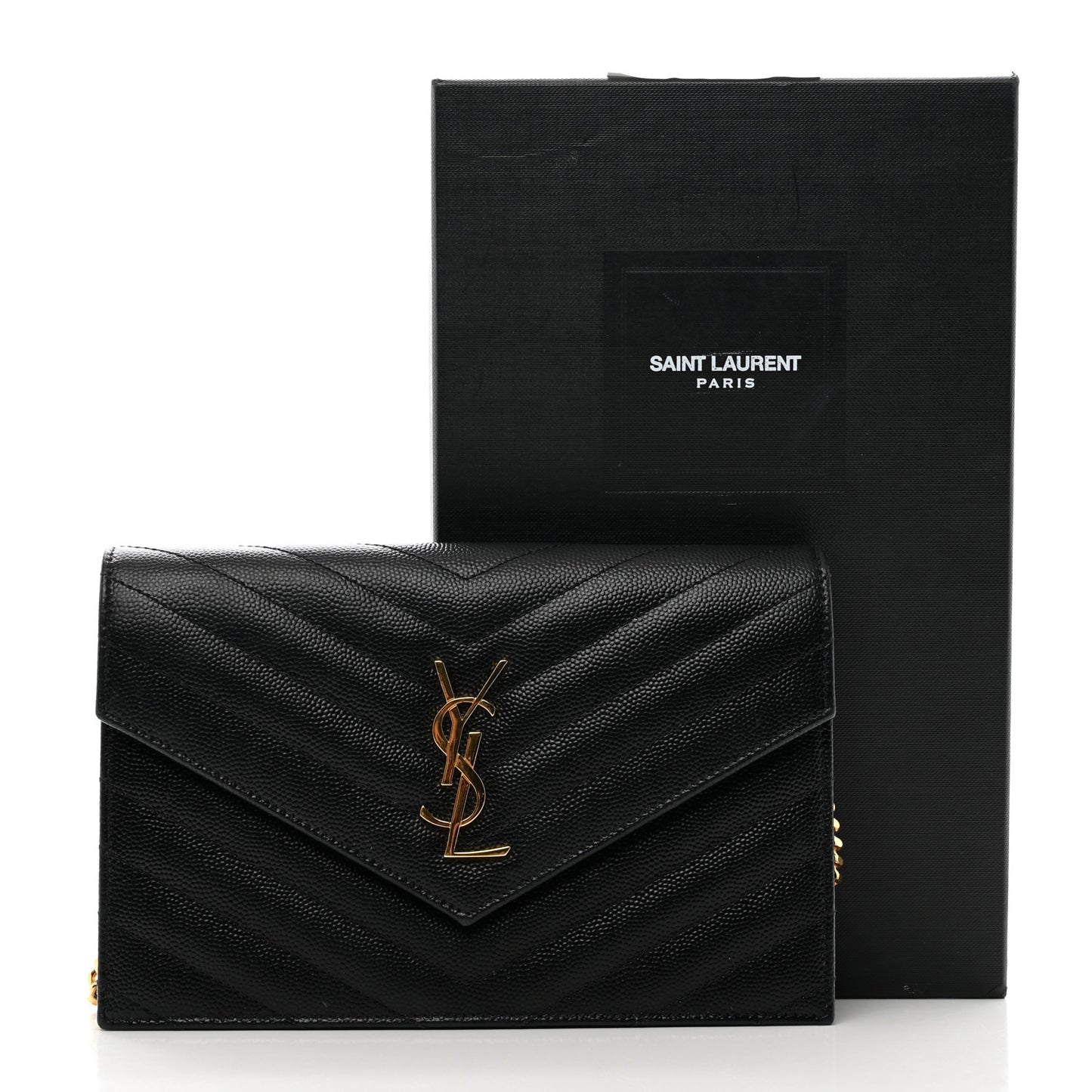 Grain De Poudre Matelasse Chevron Monogram Envelope Chain Wallet Black