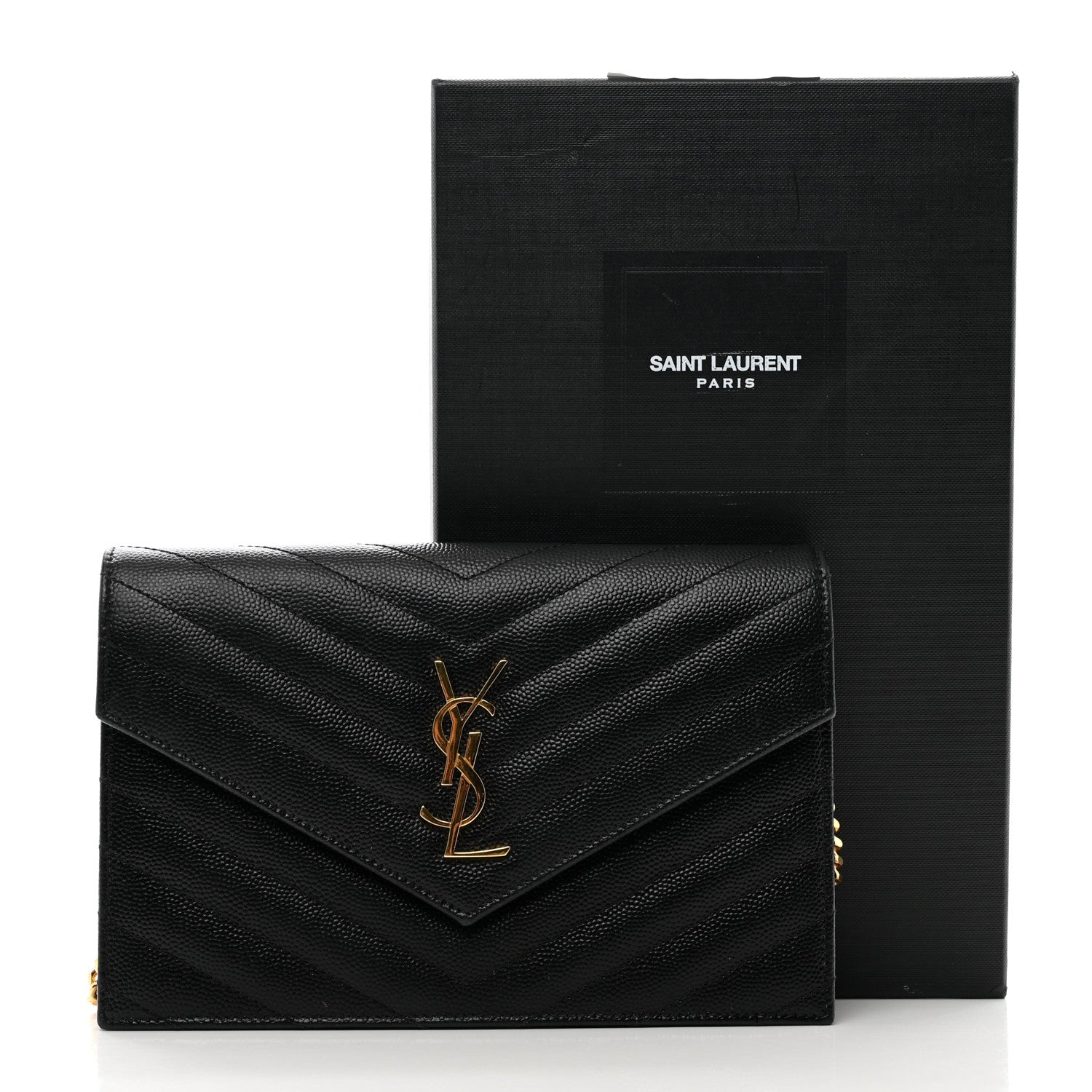 Saint Laurent Grain De Poudre Matelasse Chevron Monogram Envelope Chain Wallet Black 10 of 10