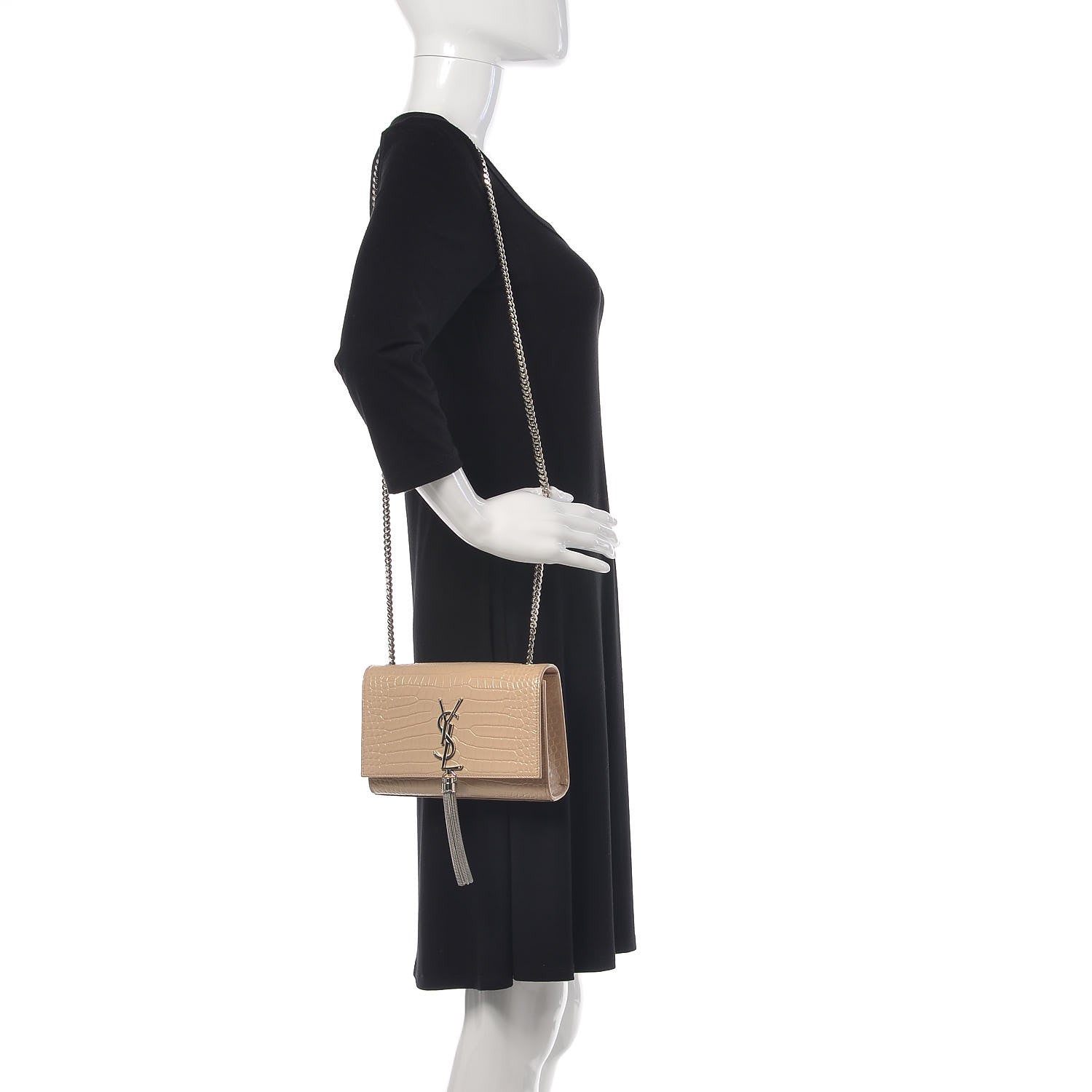 Saint Laurent Croc Calfskin Embossed Small Classic Monogram Kate Tassel Satchel Beige 3 of 11
