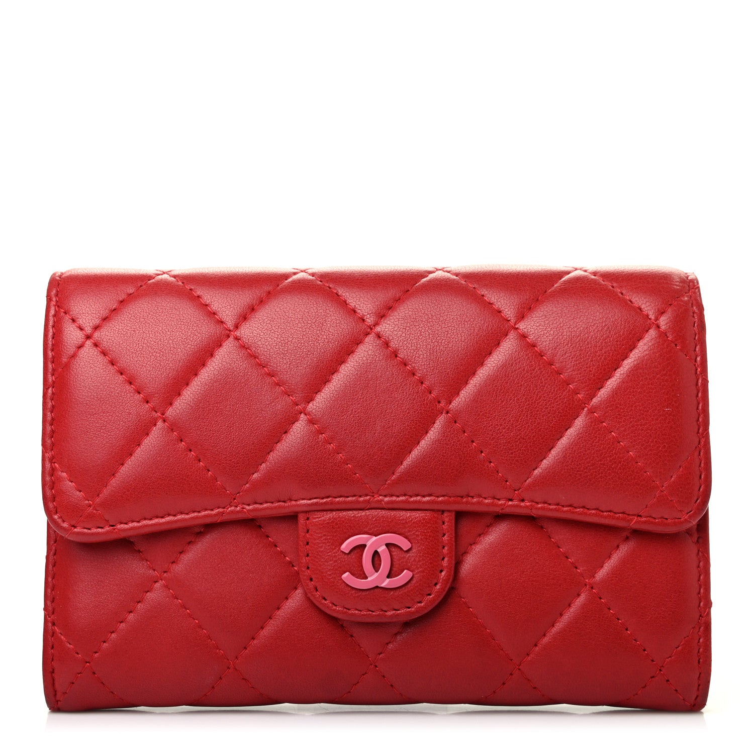 Chanel Lambskin Quilted Small Flap Wallet Red Pink 1 of 8