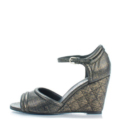 Chanel Fantasy Lambskin Quilted Wedge Sandals 38 Black Gold 1 of 8