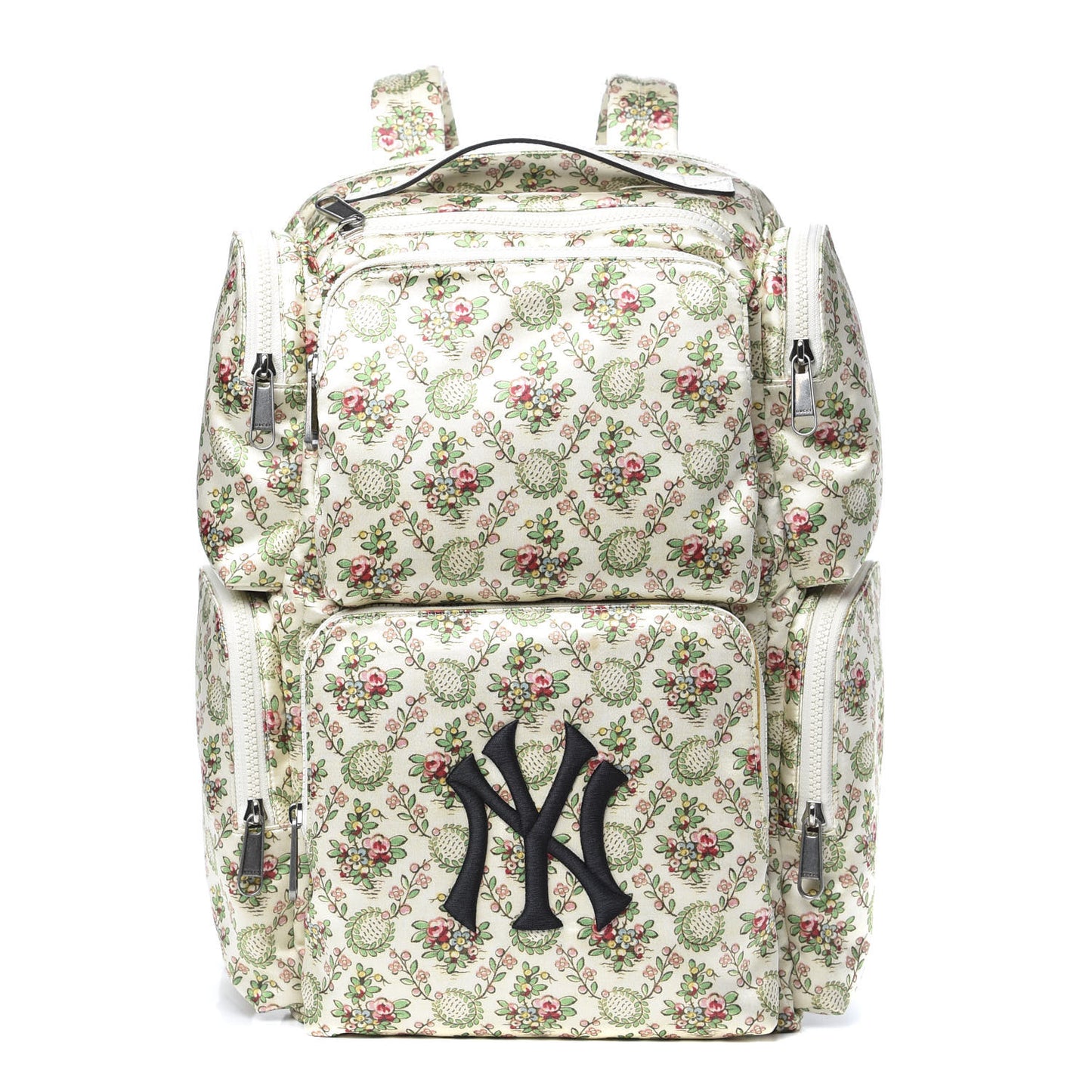 X MLB Satin Floral Print NY Yankees Patch Backpack Ivory Green