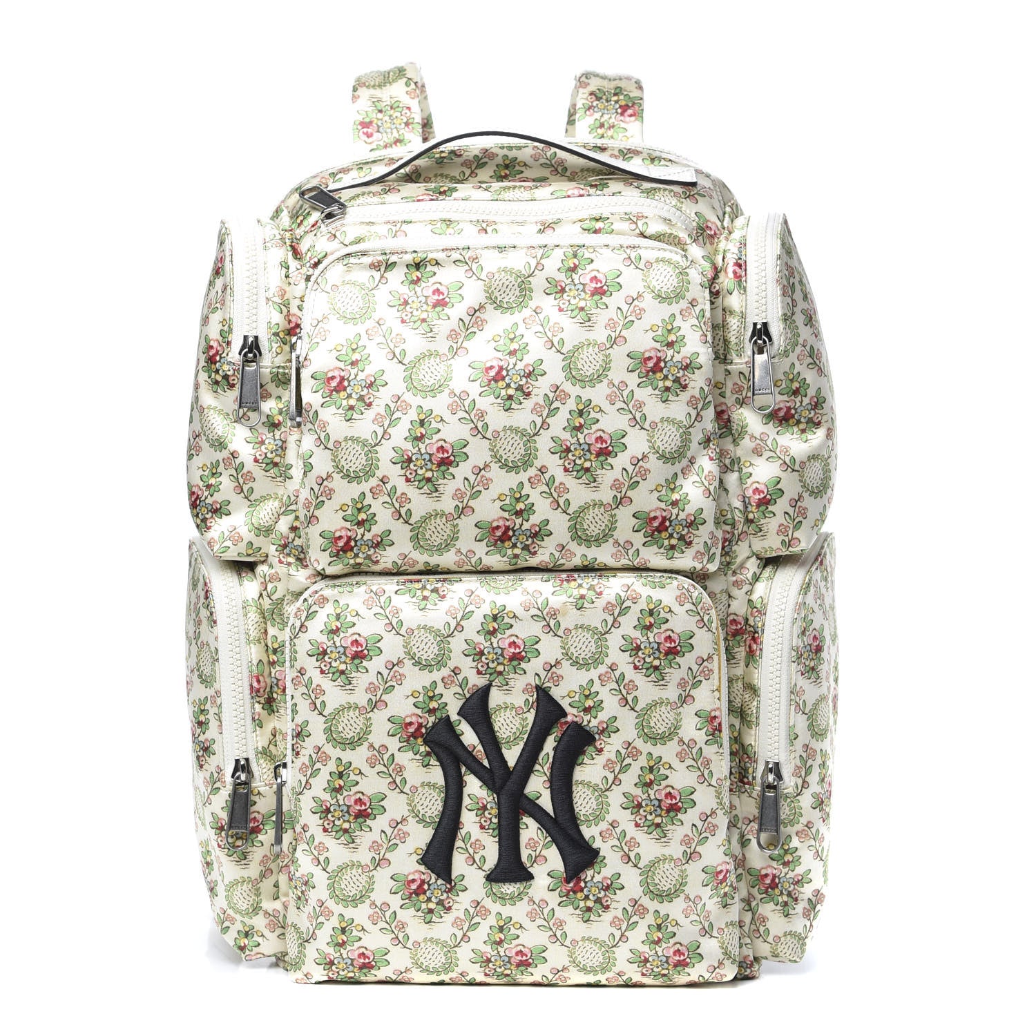 Gucci X MLB Satin Floral Print NY Yankees Patch Backpack Ivory Green 1 of 13