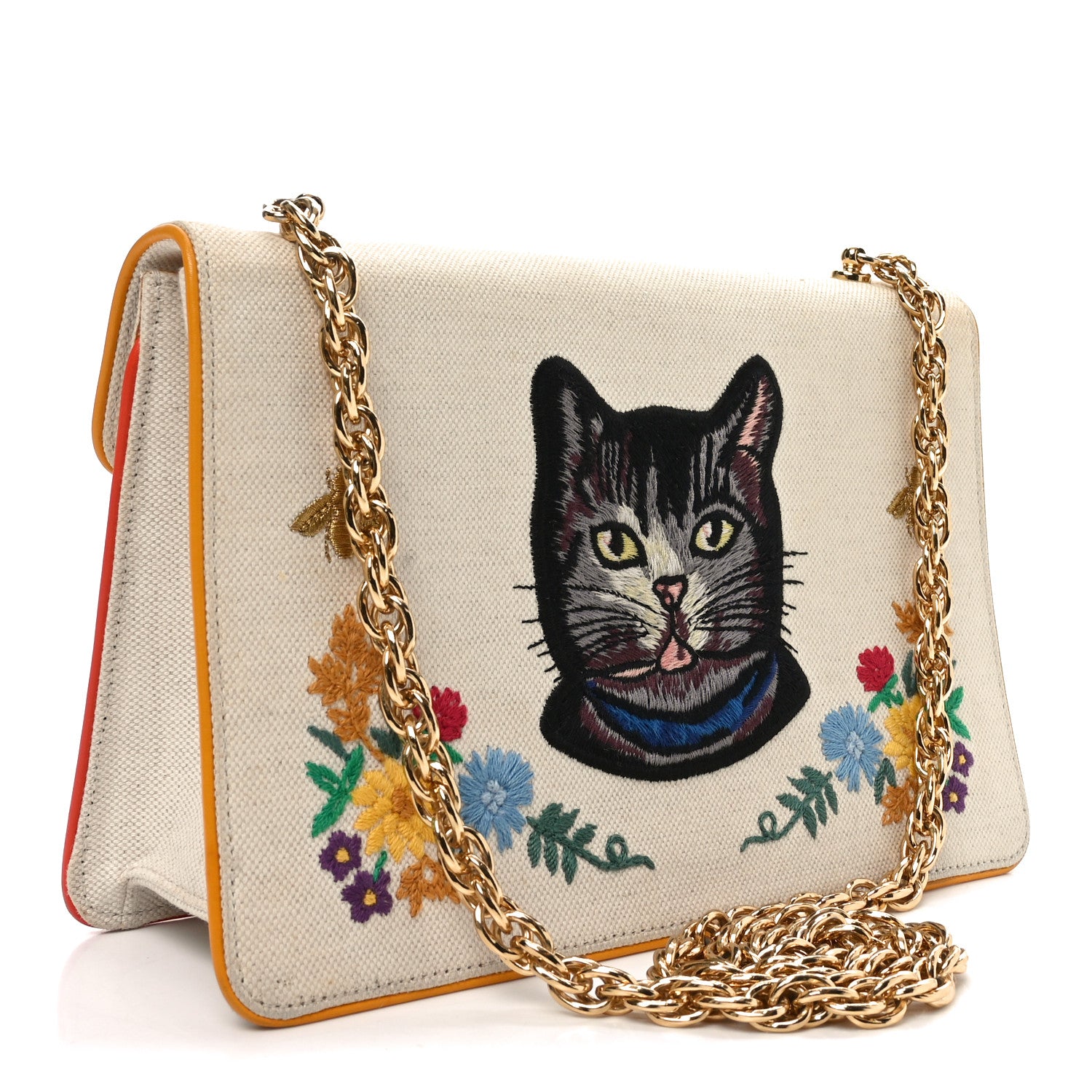 Gucci Linen Canvas Embroidered Small Shoulder Bag White 3 of 10