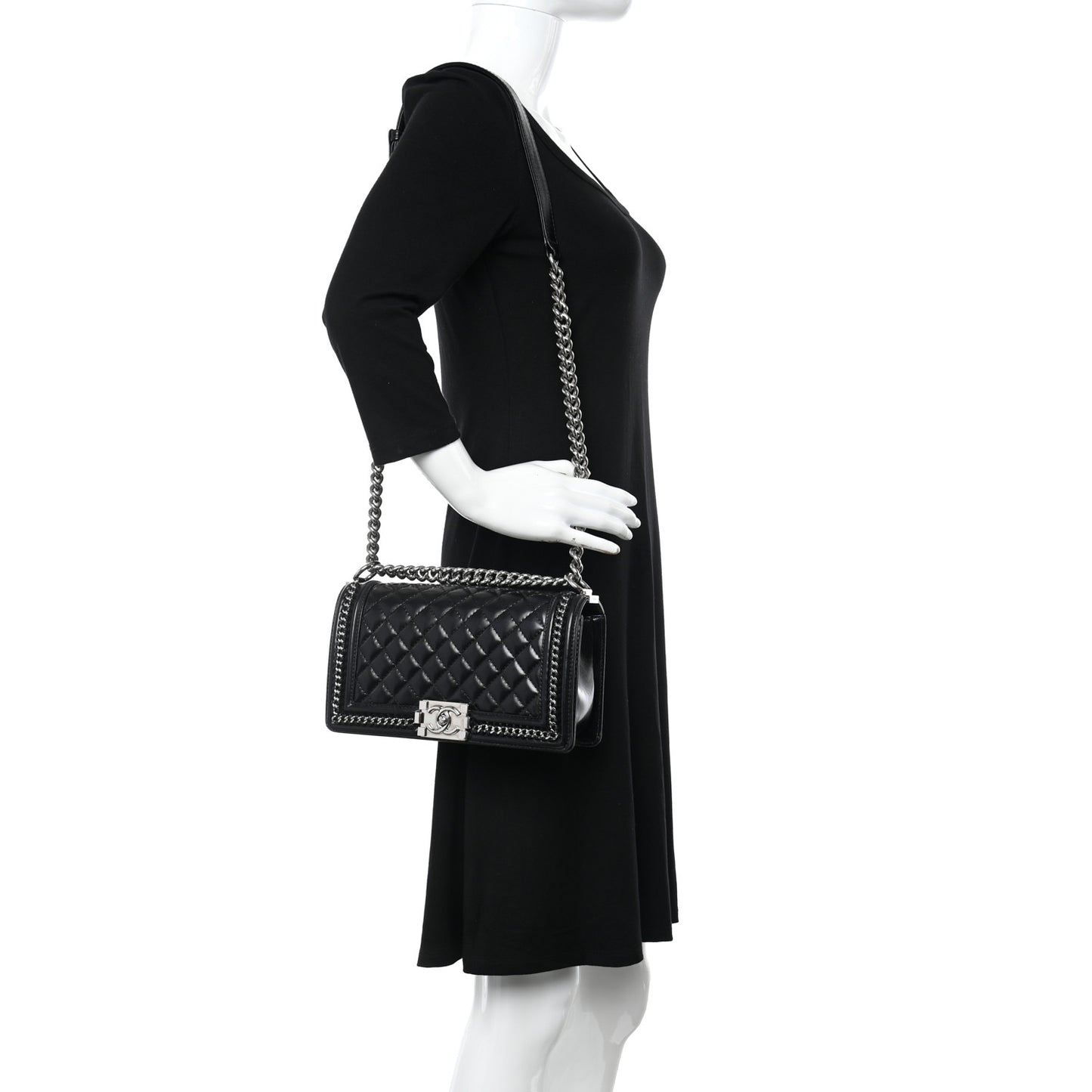 Glazed Calfskin Quilted Medium Chain Around Boy Flap Black