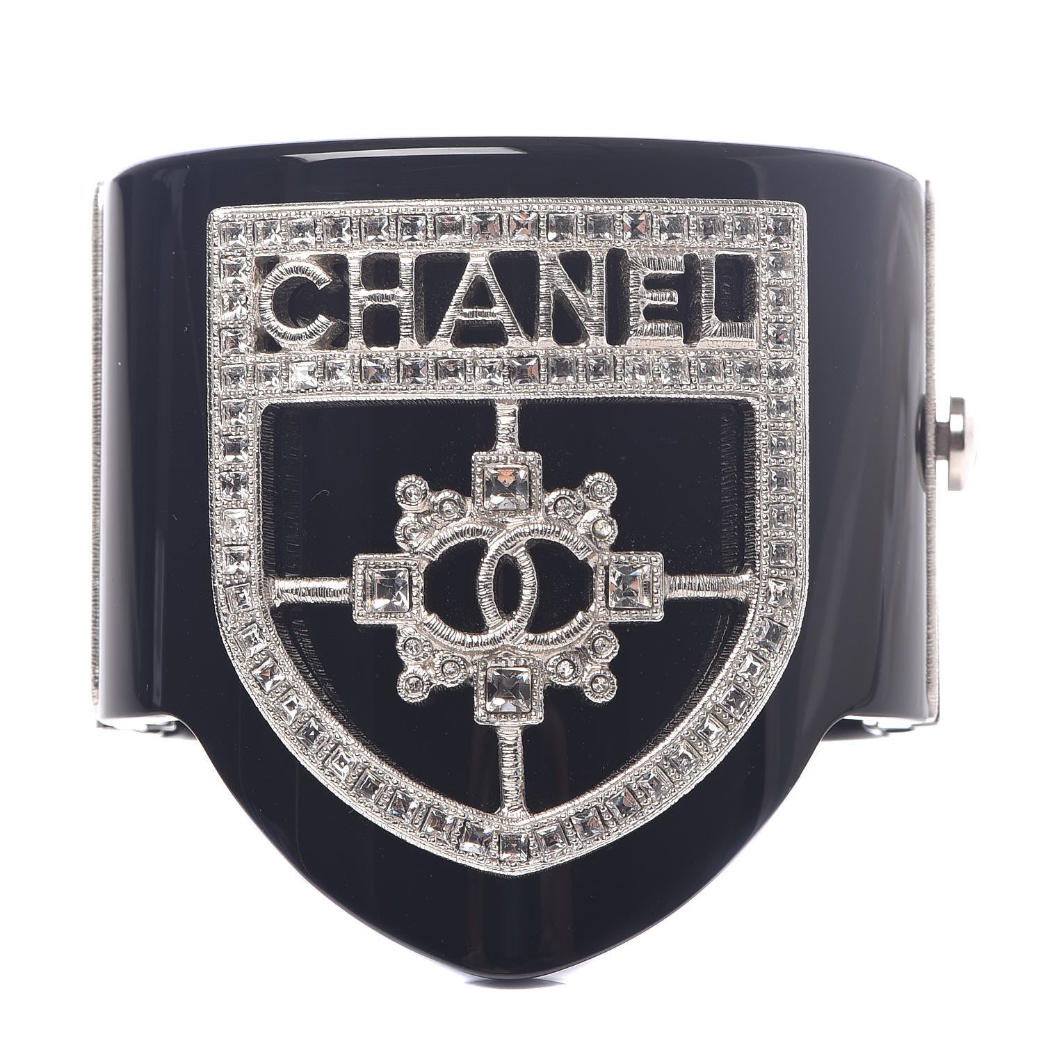 Chanel Resin Swarovski Baguette Crystal CC Shield Cuff Black 1 of 6