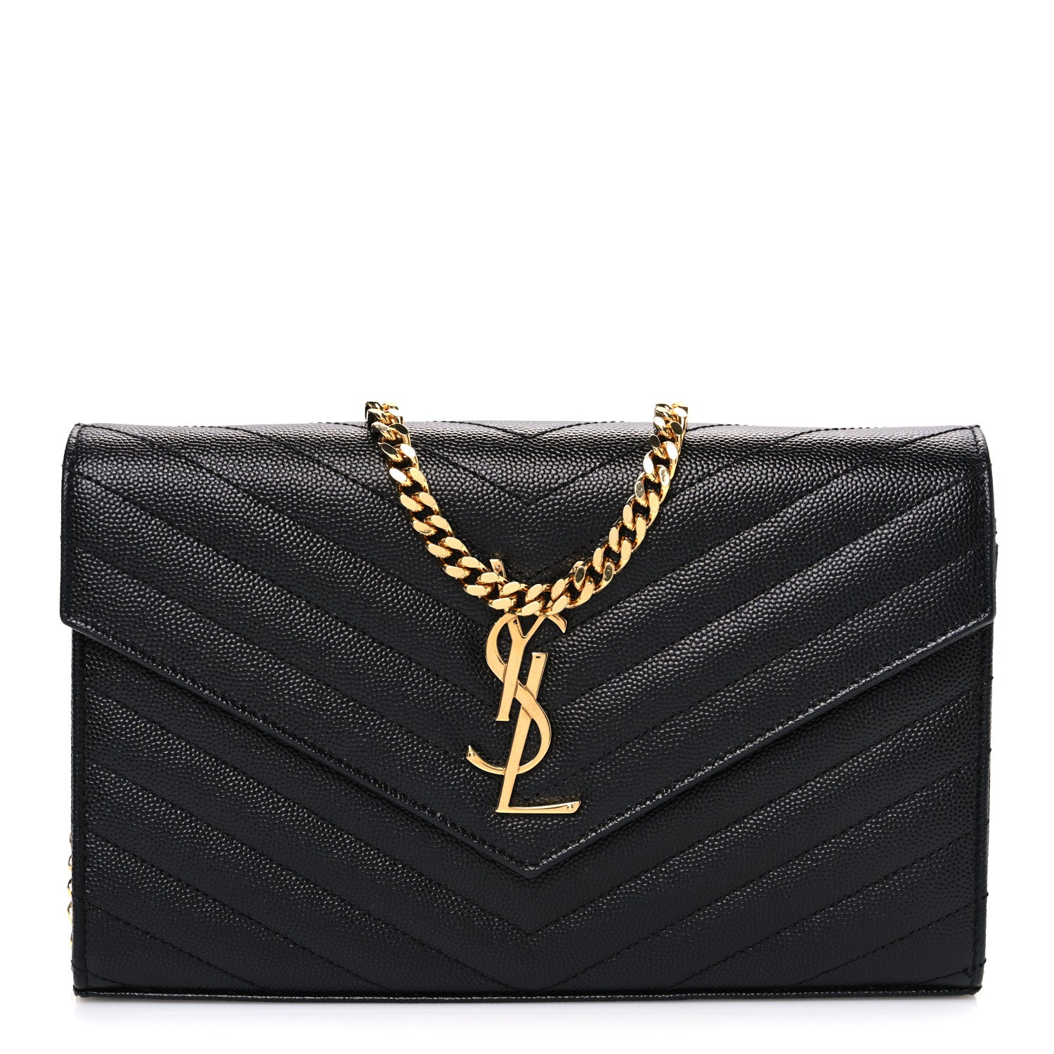 Saint Laurent Grain De Poudre Matelasse Chevron Monogram Chain Wallet Black 1 of 11