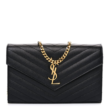 Saint Laurent Grain De Poudre Matelasse Chevron Monogram Chain Wallet Black 1 of 11