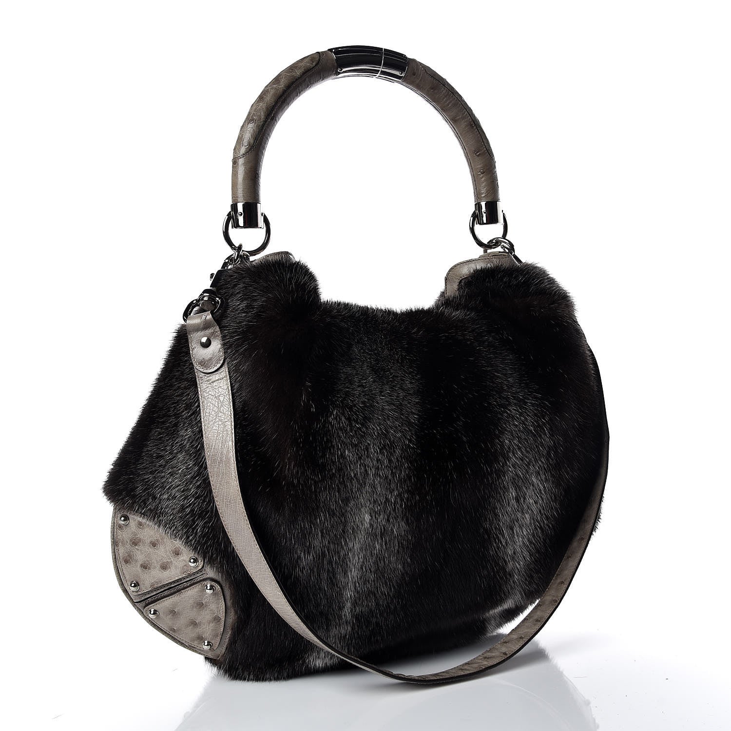 Gucci Mink Fur Ostrich Large Indy Hobo Grey 3 of 10
