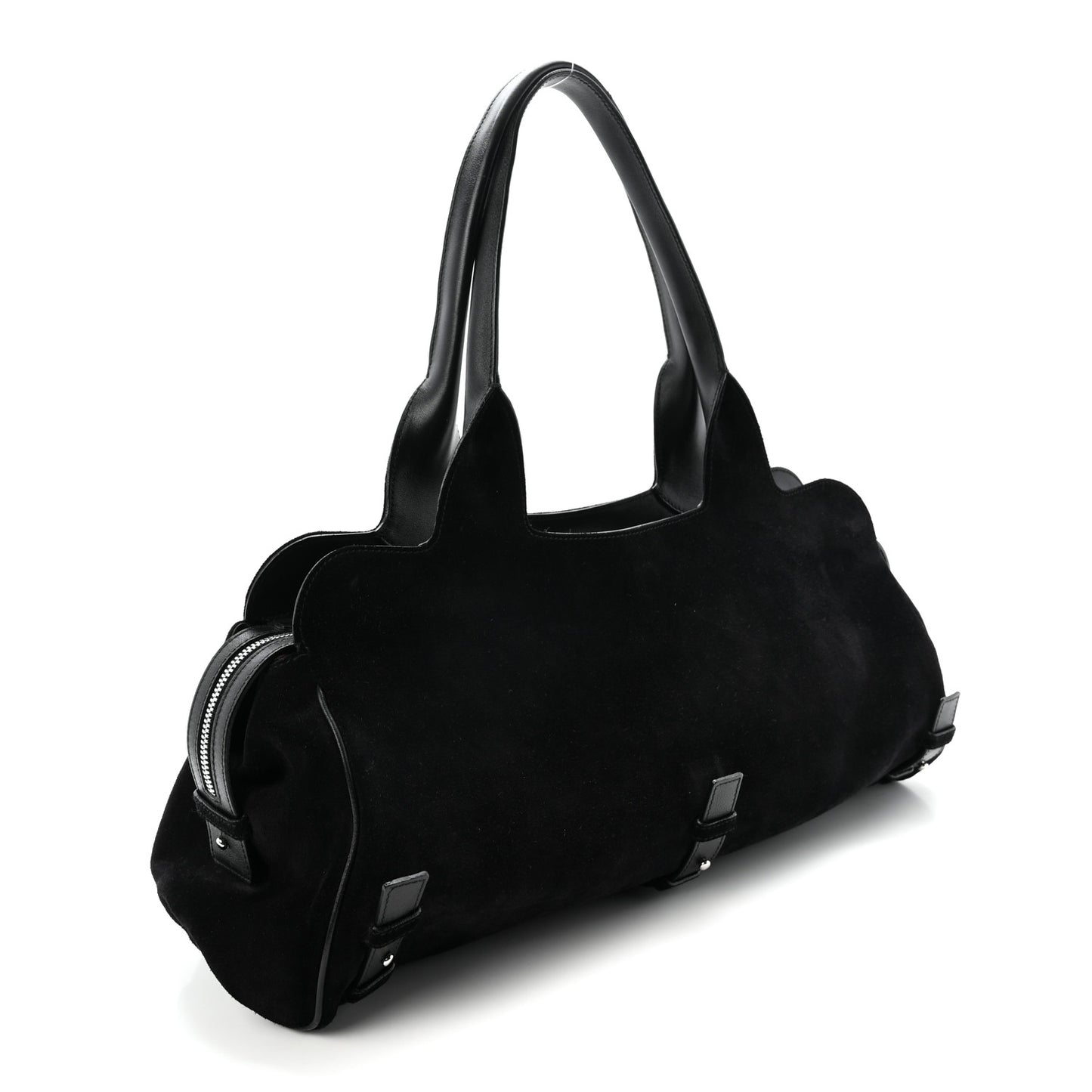 Fur Calfskin Suede Top Handle East West Tote Bag Black