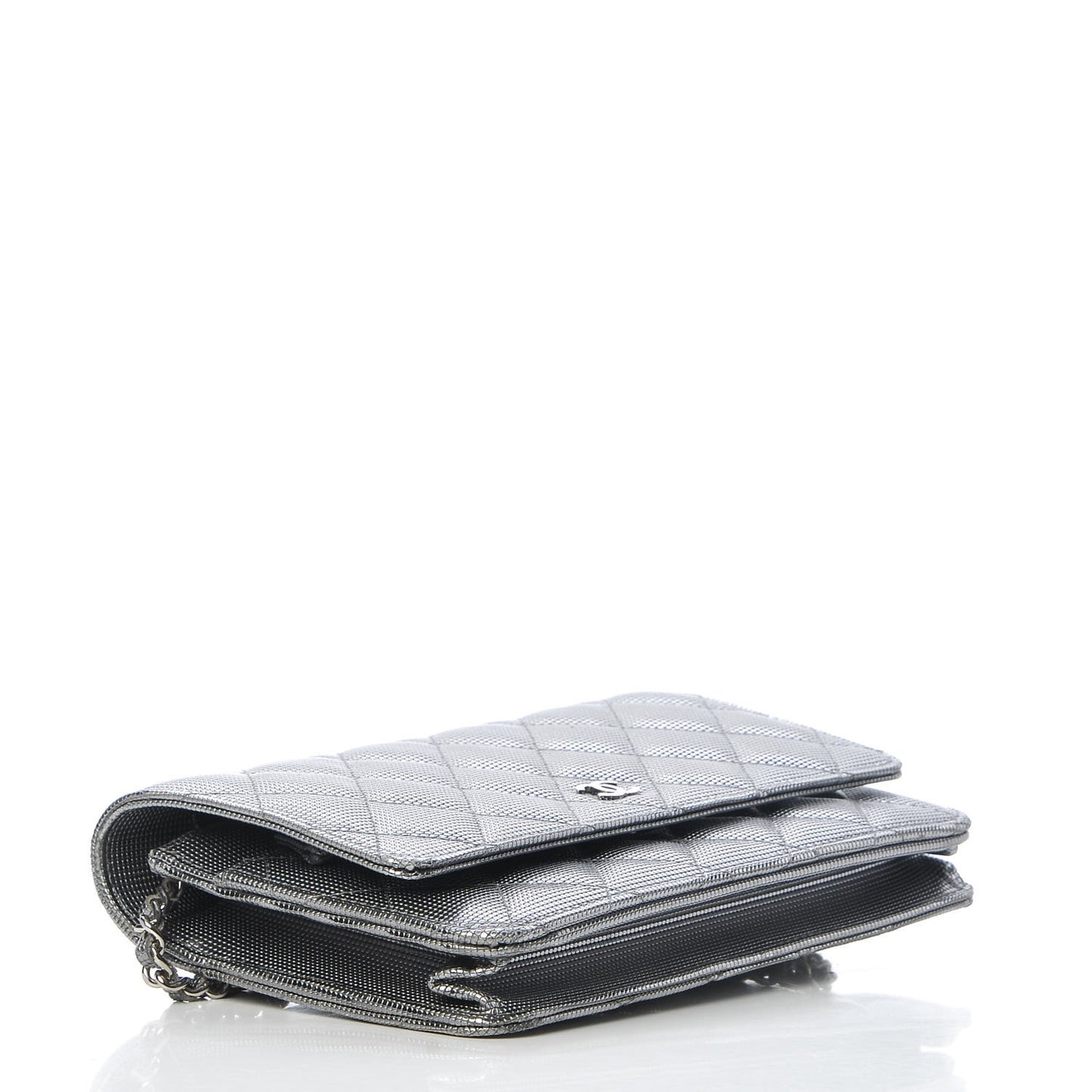 Metallic Calfskin Quilted Pixel Effect Wallet on Chain WOC Silver