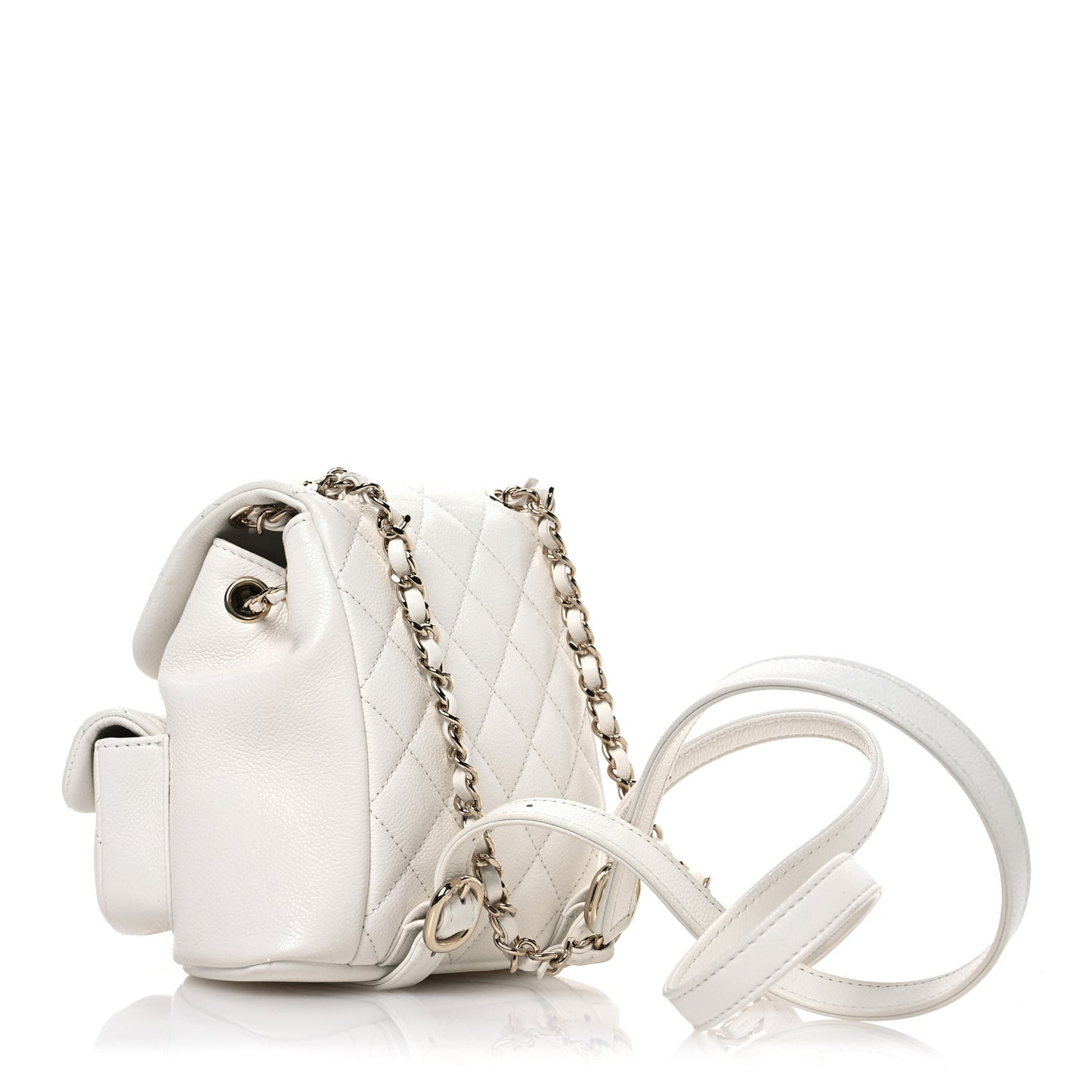 Shiny Caviar Quilted Small Duma Pockets Drawstring Backpack White