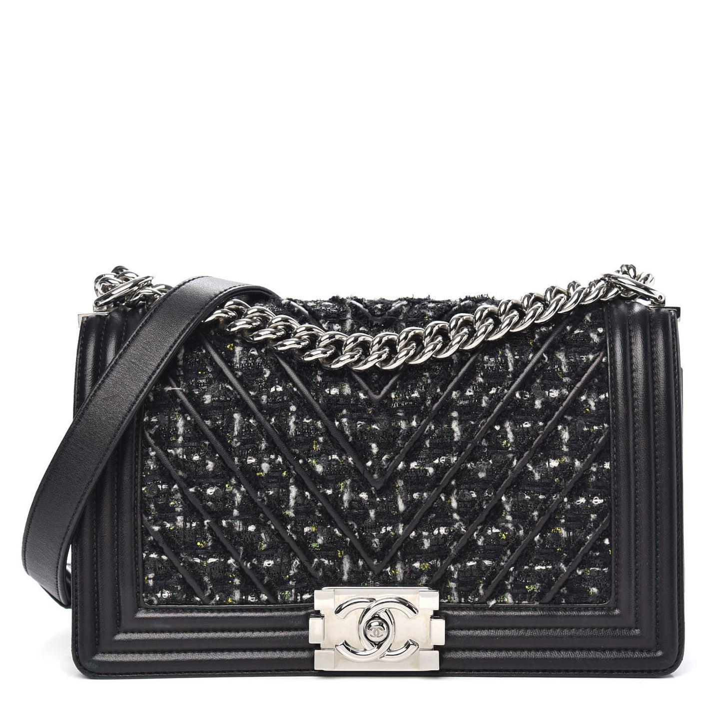 Lambskin Tweed Woven Medium Chevron Boy Flap Black