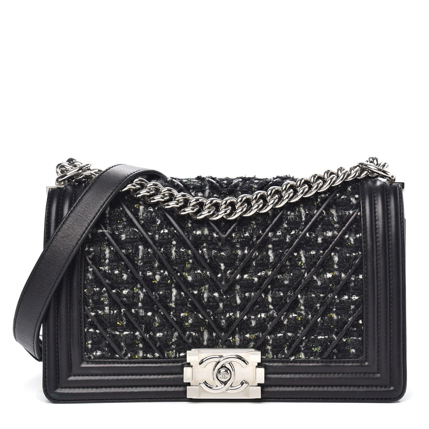 Chanel Lambskin Tweed Woven Medium Chevron Boy Flap Black 1 of 15