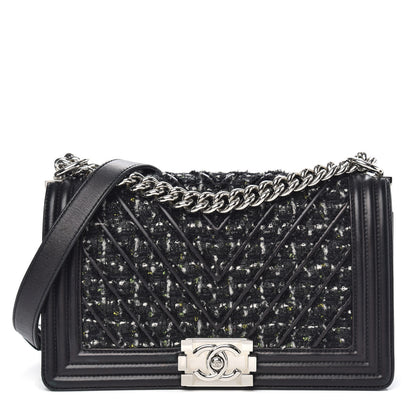 Chanel Lambskin Tweed Woven Medium Chevron Boy Flap Black 1 of 15