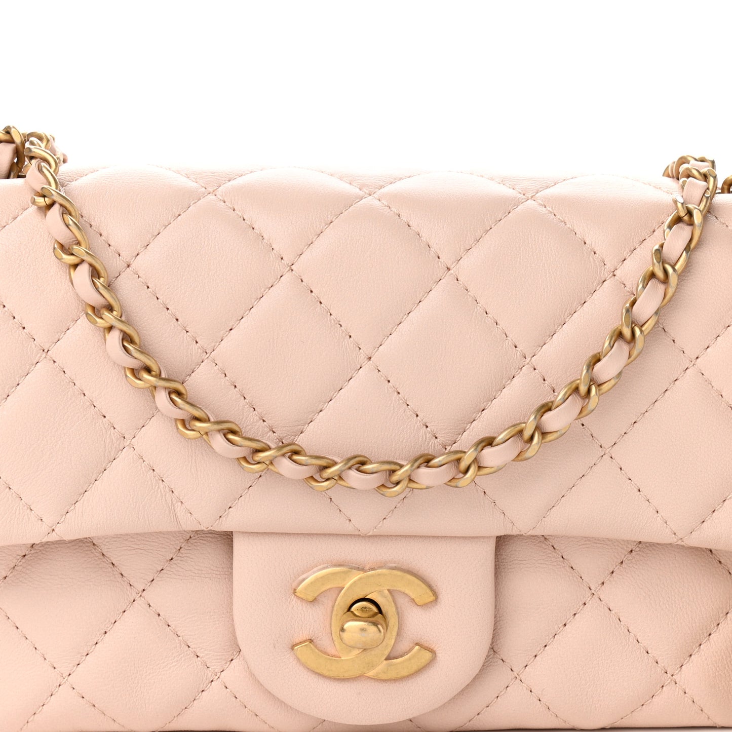 Lambskin Quilted Mini Rectangular Pearl Crush Flap Light Beige