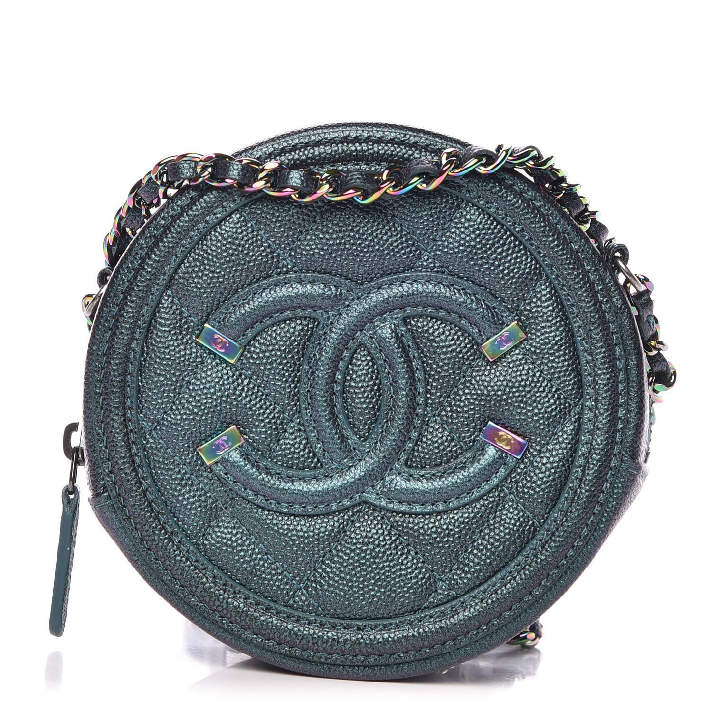 Iridescent Caviar Quilted Round Filigree Crossbody Dark Turquoise