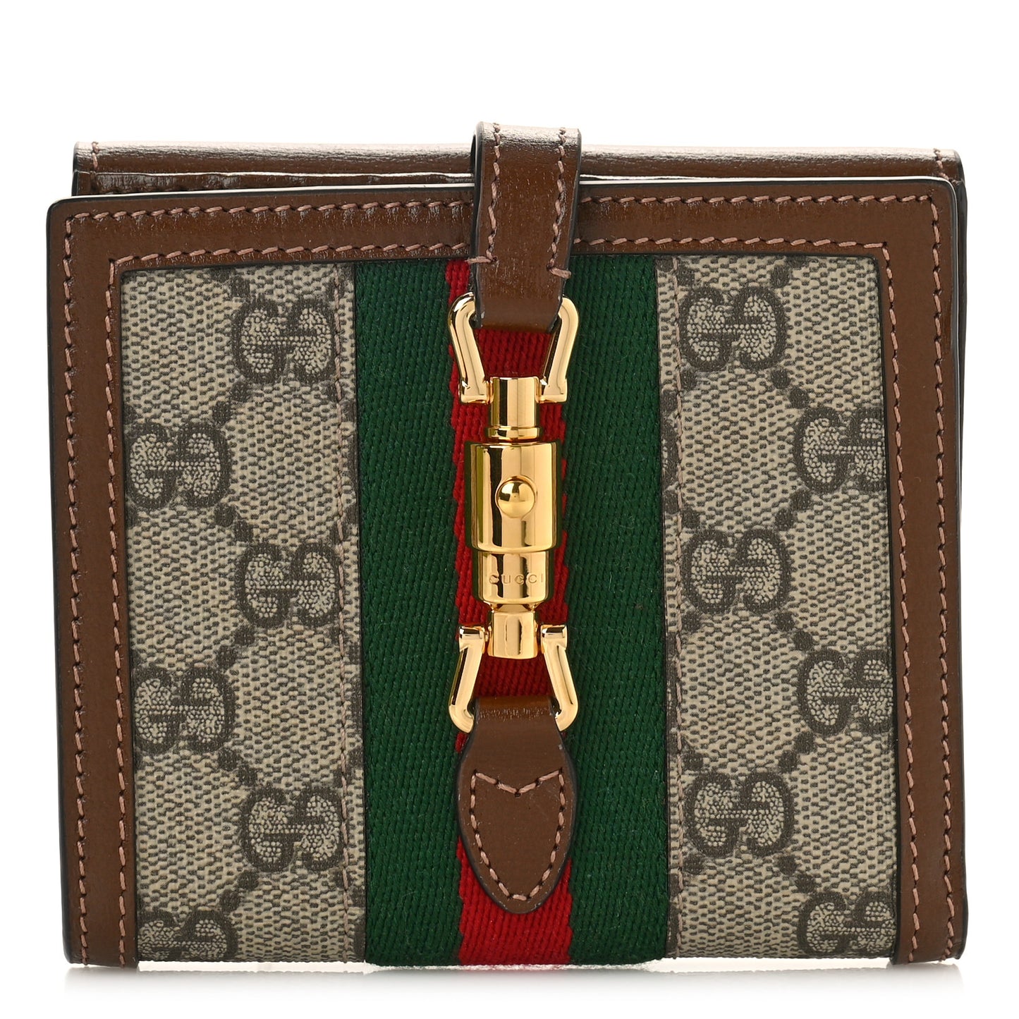 GG Supreme Monogram Textured Calfskin Web Jackie 1961 French Flap Wallet Beige Ebony Brown Sugar