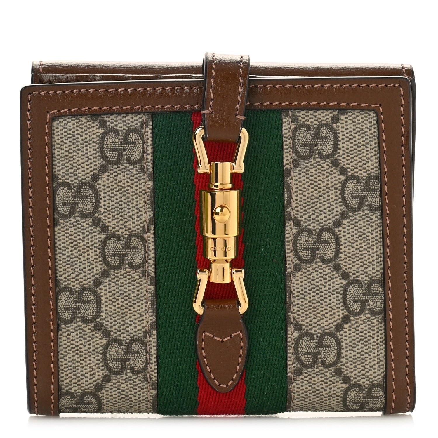 Gucci GG Supreme Monogram Textured Calfskin Web Jackie 1961 French Flap Wallet Beige Ebony Brown Sugar 1 of 9