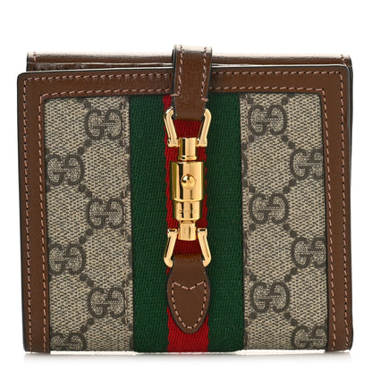 Gucci GG Supreme Monogram Textured Calfskin Web Jackie 1961 French Flap Wallet Beige Ebony Brown Sugar 1 of 9