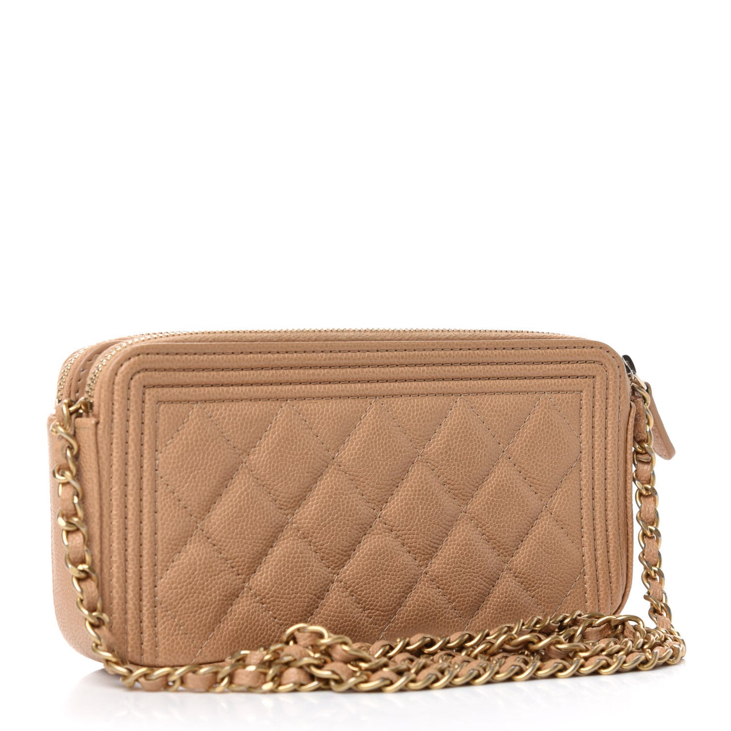 Caviar Quilted Small Boy Clutch With Chain Beige