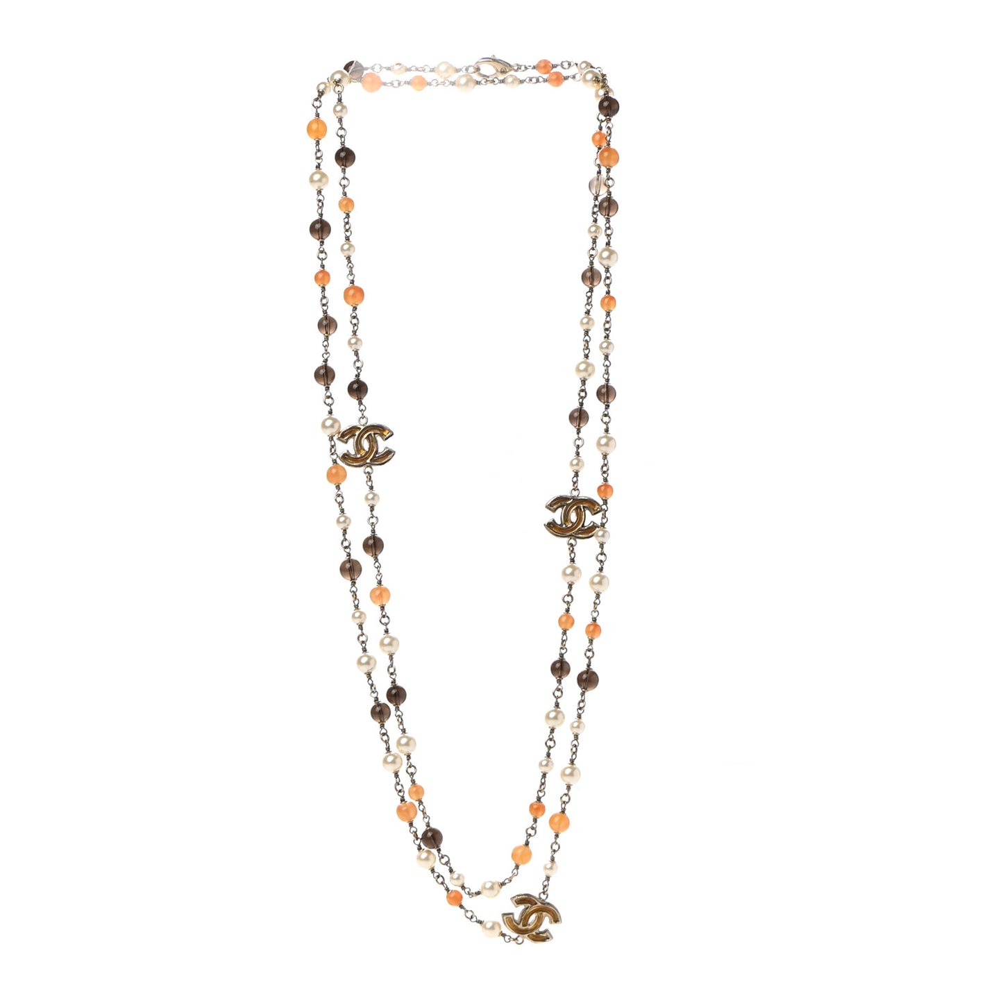 Enamel Bead Pearl CC Long Necklace Brown Silver