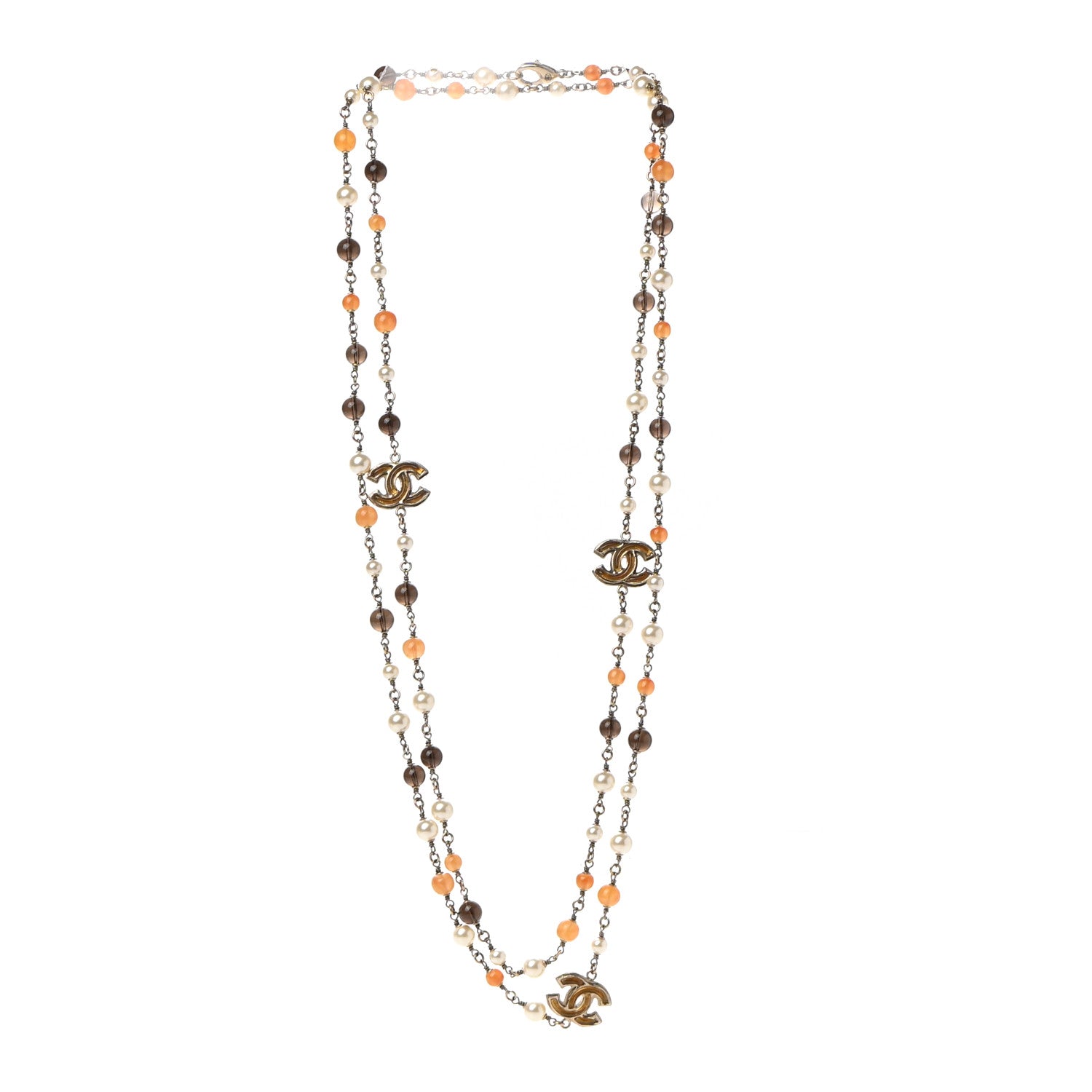 Chanel Enamel Bead Pearl CC Long Necklace Brown Silver 3 of 7