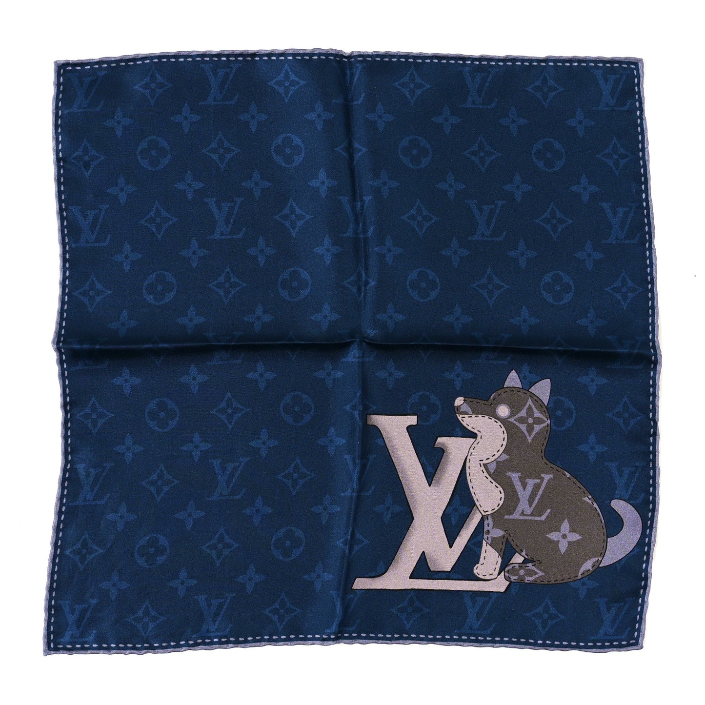 Monogram Silk Dog Pocket Square Blue