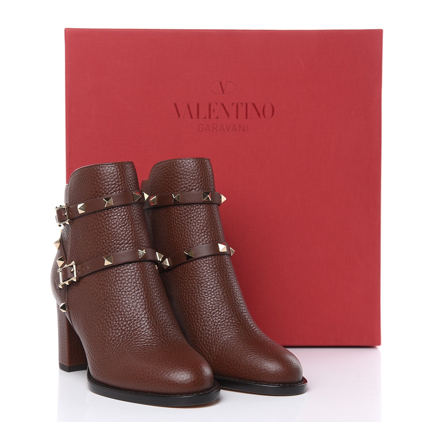Pebbled Calfskin Rockstud Double Buckle 70mm Block Heel Ankle Boots 35 Light Brown