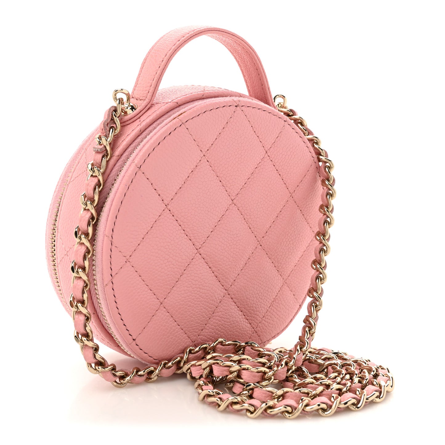 Caviar Quilted Round Handle With Care Vanity With Chain Pink