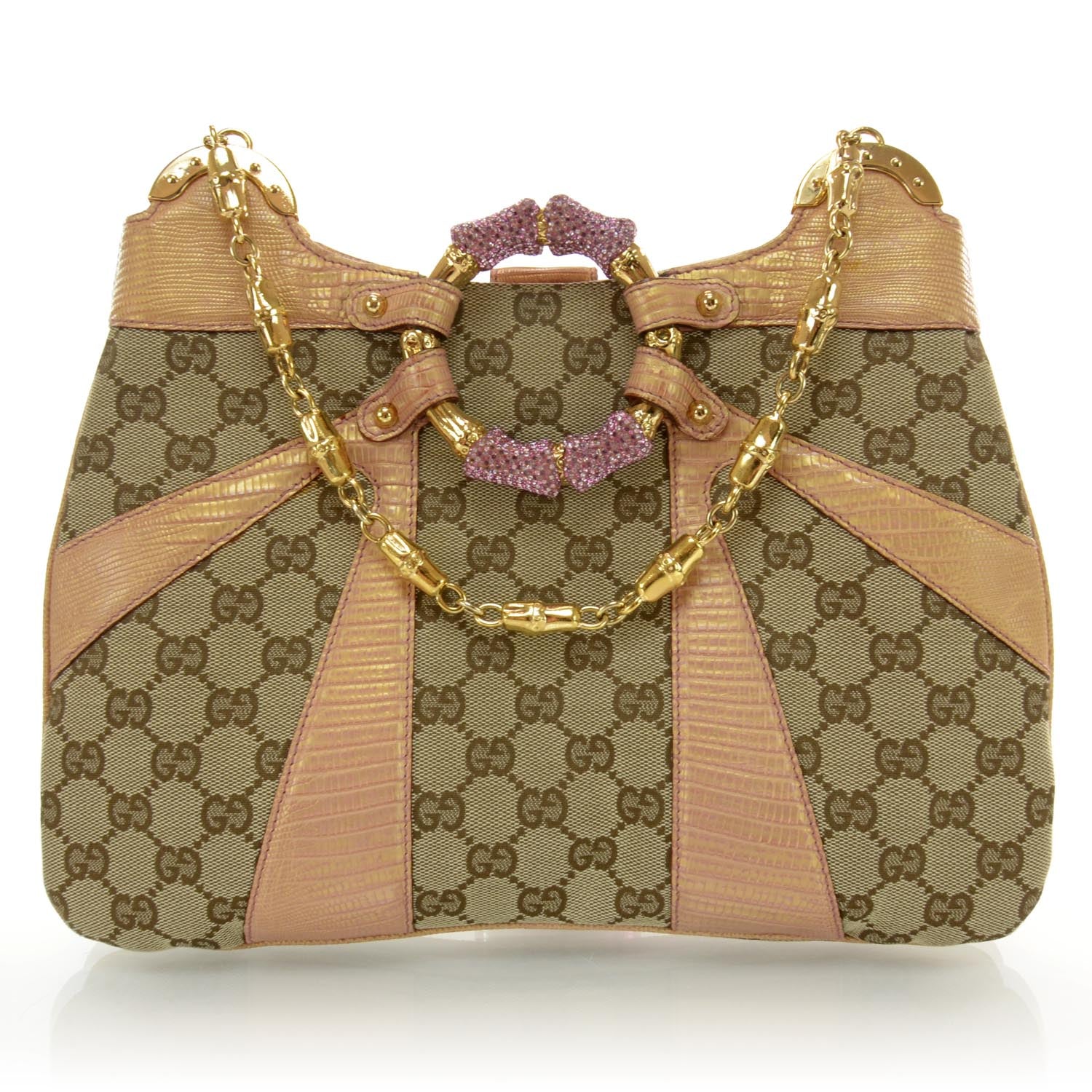 Gucci Monogram Calfskin Lizard Embossed Bamboo Chain Shoulder Bag 1 of 9