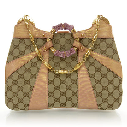 Gucci Monogram Calfskin Lizard Embossed Bamboo Chain Shoulder Bag 1 of 9
