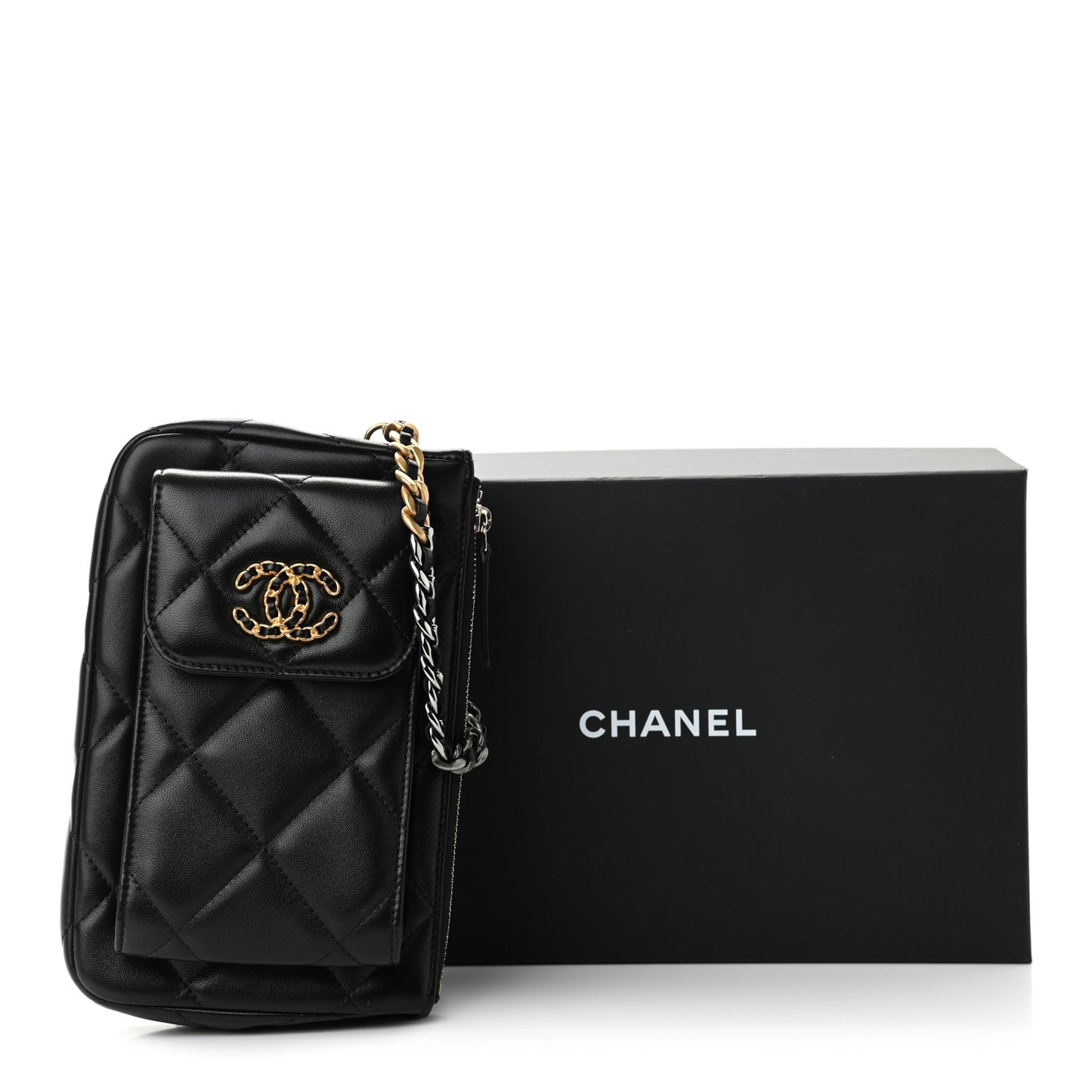 Lambskin Quilted Chanel 19 Pouch With Handle Black
