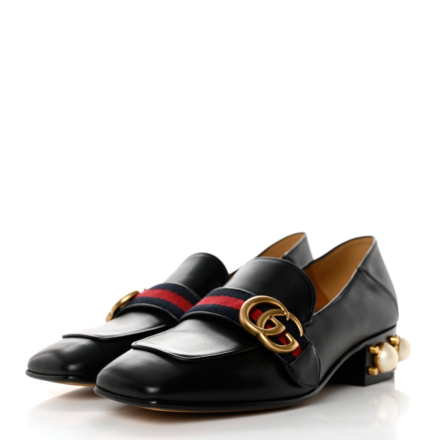 Betis Glamour Calfskin Web Pearl Embellished Peyton 35mm Loafer Pumps 36.5 Black