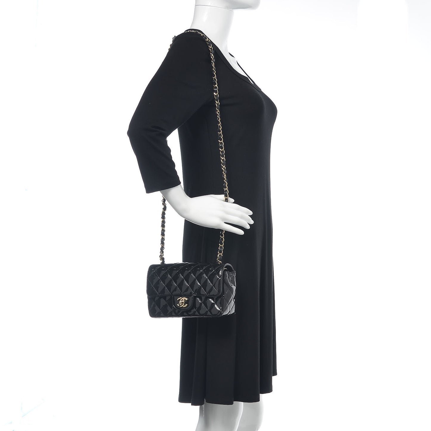 Patent Calfskin Quilted Mini Rectangular Flap Black