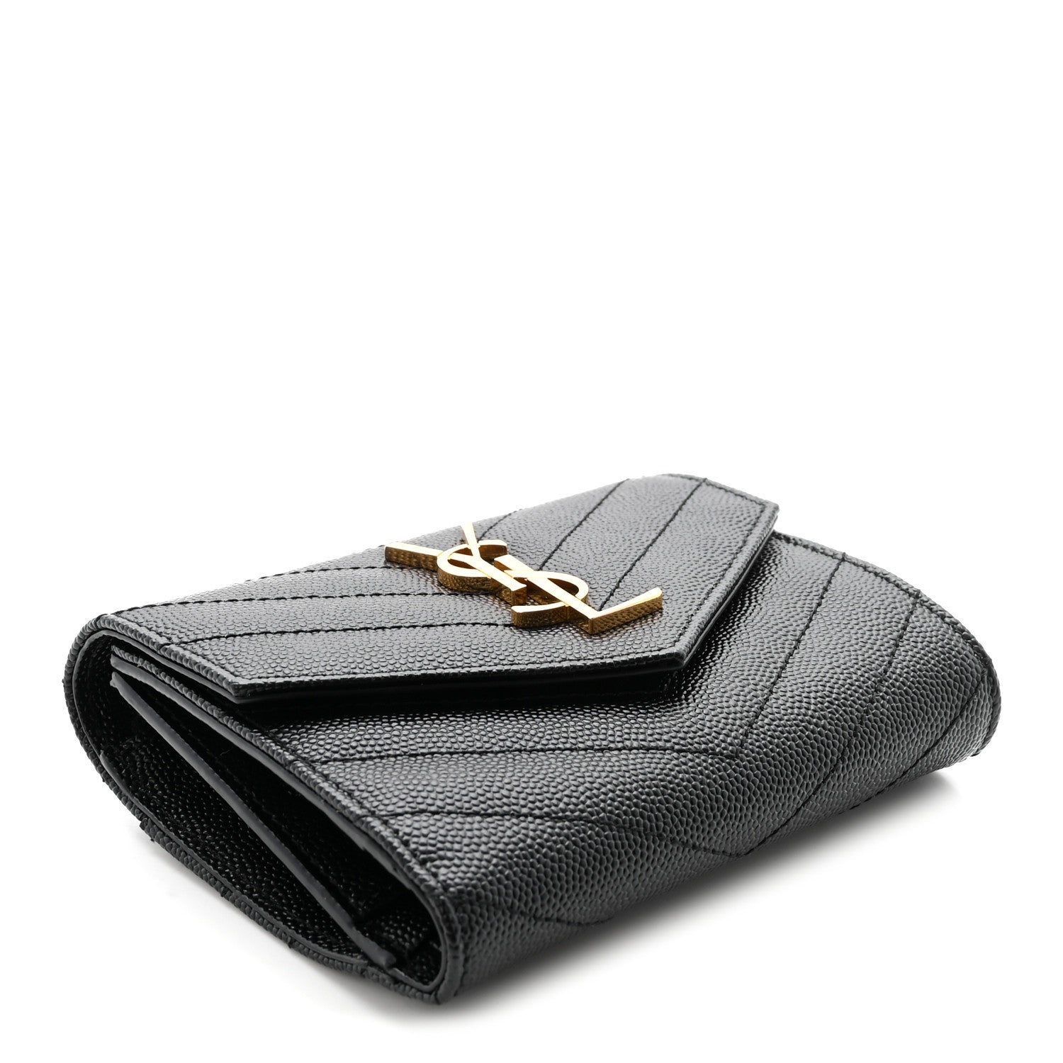 Saint Laurent Grain De Poudre Matelasse Chevron Monogram Compact Tri Fold Wallet Black 4 of 7
